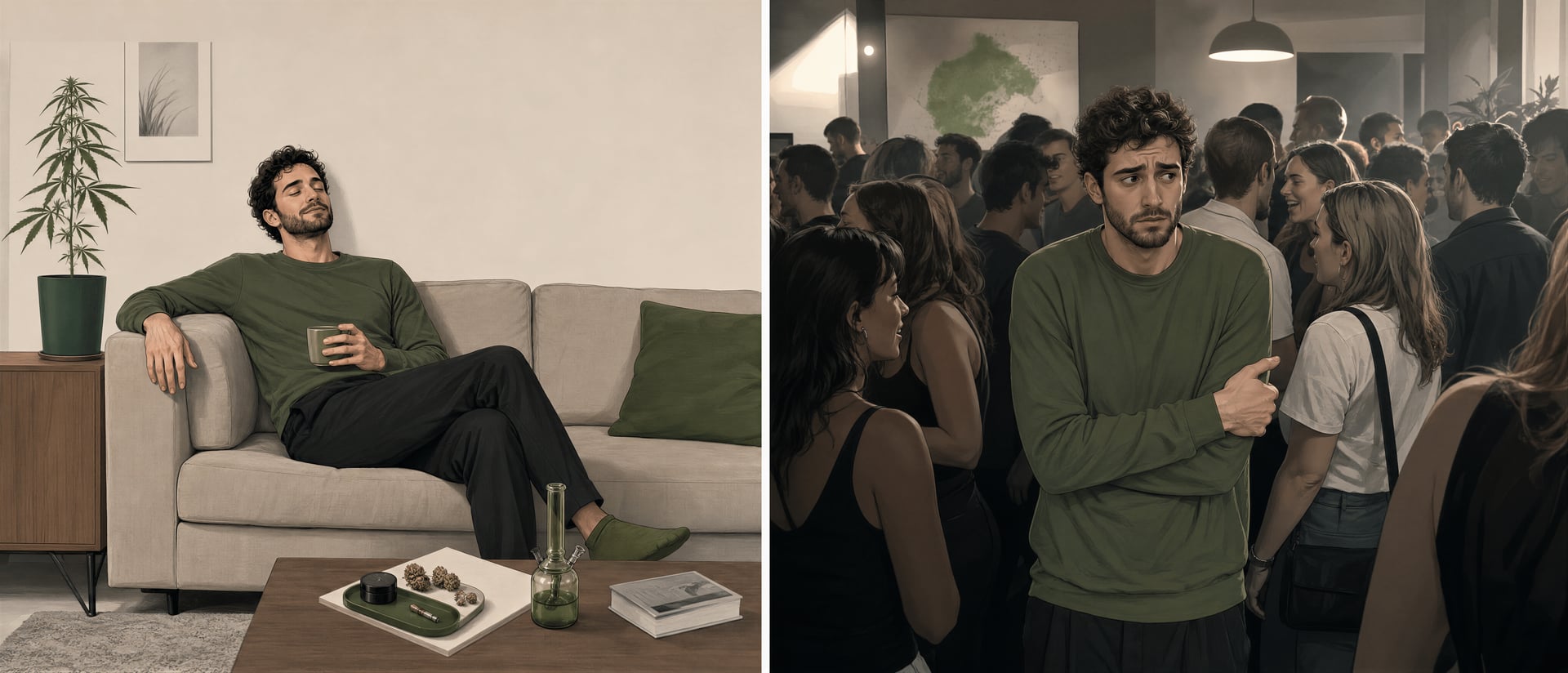 Split illustration of a calm home setting versus an overstimulating social setting after cannabis use.