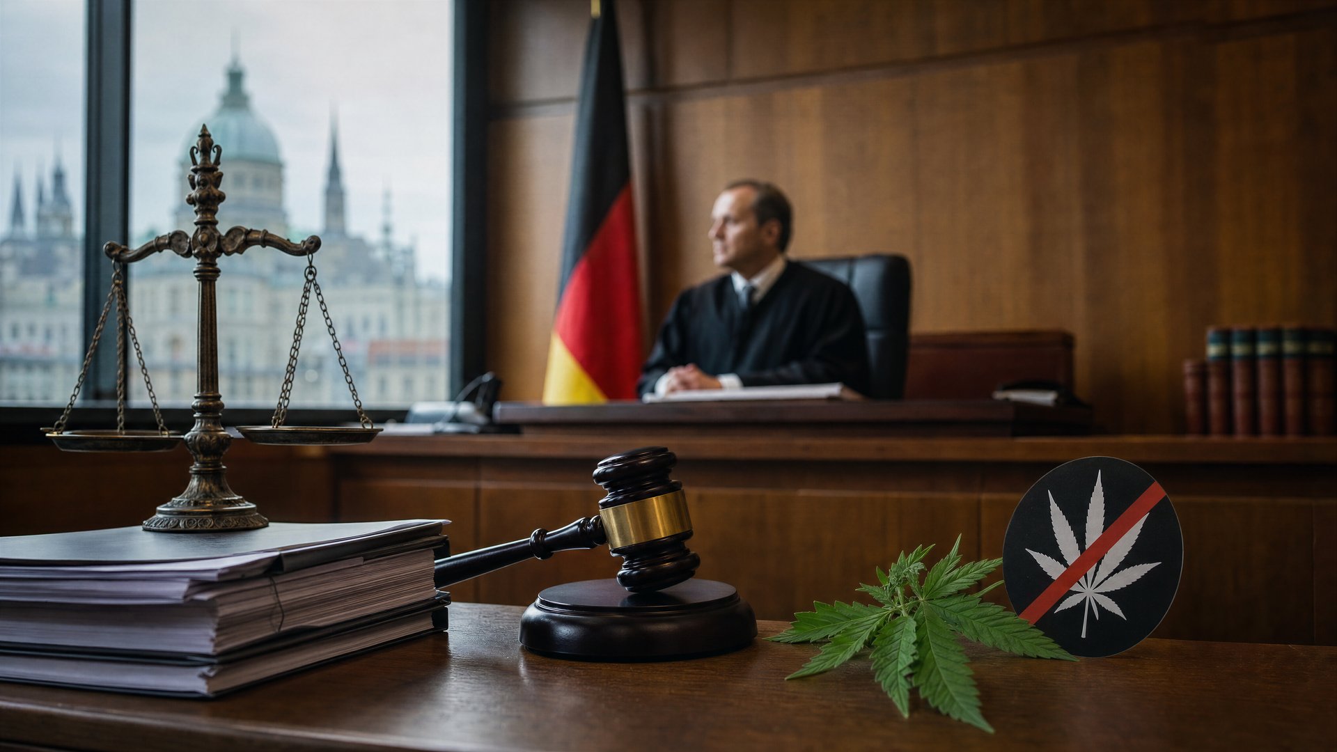A courtroom illustration with legal books and abstract regulatory symbols.