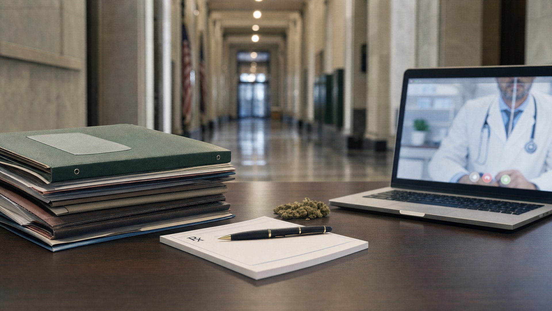 Editorial illustration of a health ministry corridor with folders, a prescription pad and a laptop.