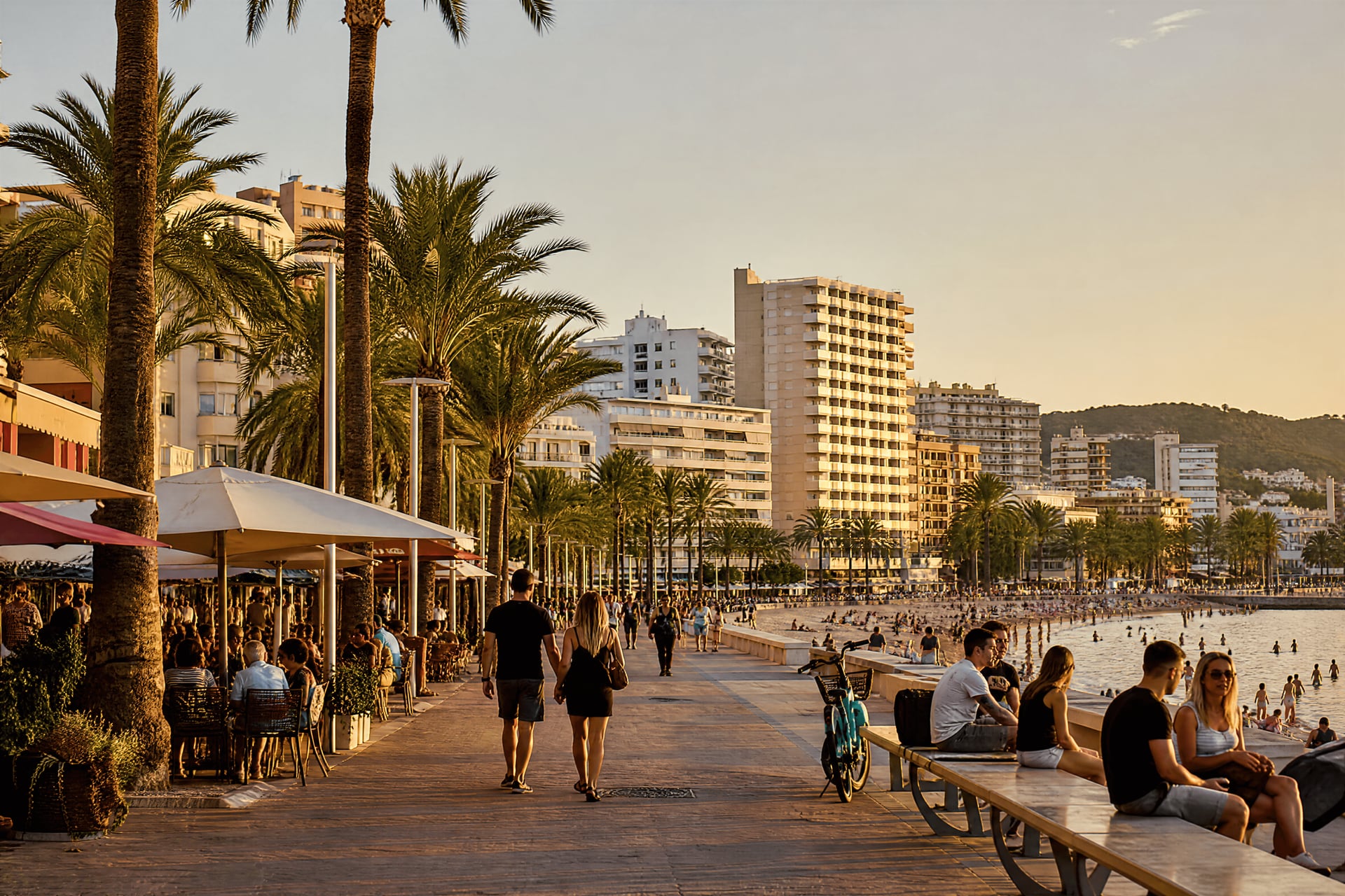 Palmanova seafront promenade with cannabis social club context and evening local life