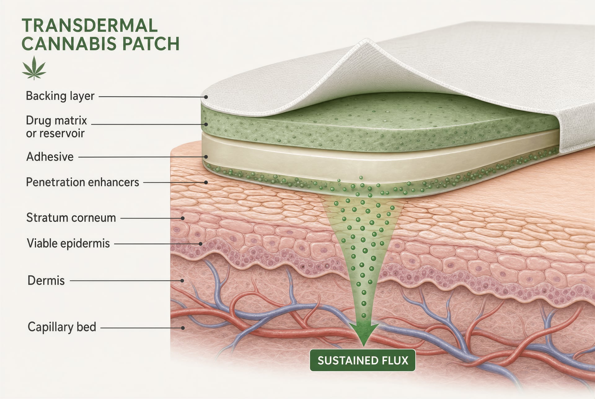 Cutaway diagram of a transdermal cannabinoid patch delivering through the skin