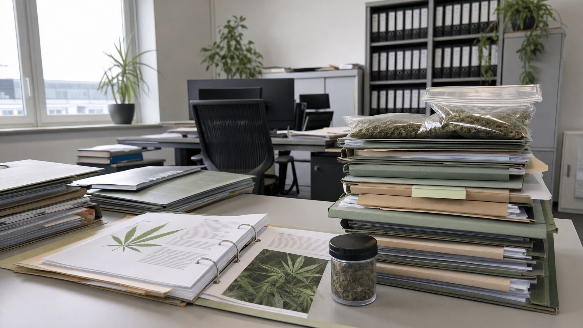 German BLE office desk with cannabis research files and application folders