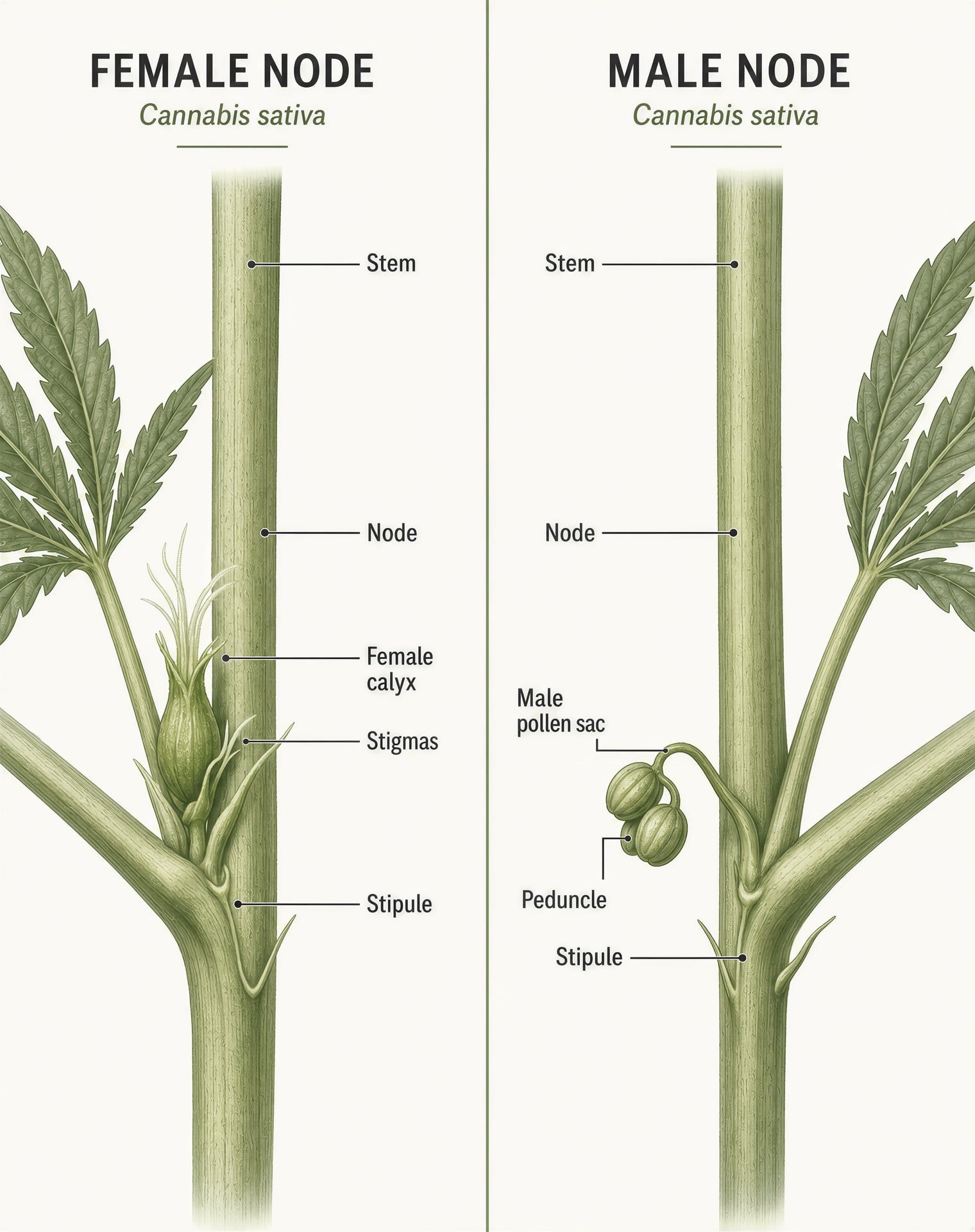 Diagram comparing a female cannabis pre-flower with stigmas and a male pre-flower with a stalked pollen sac.