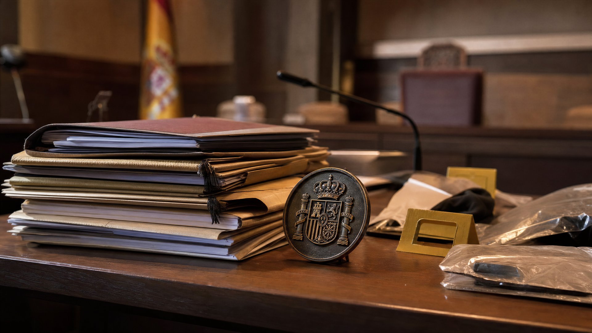 Editorial courtroom illustration with case files, evidence markers, and a municipal seal.