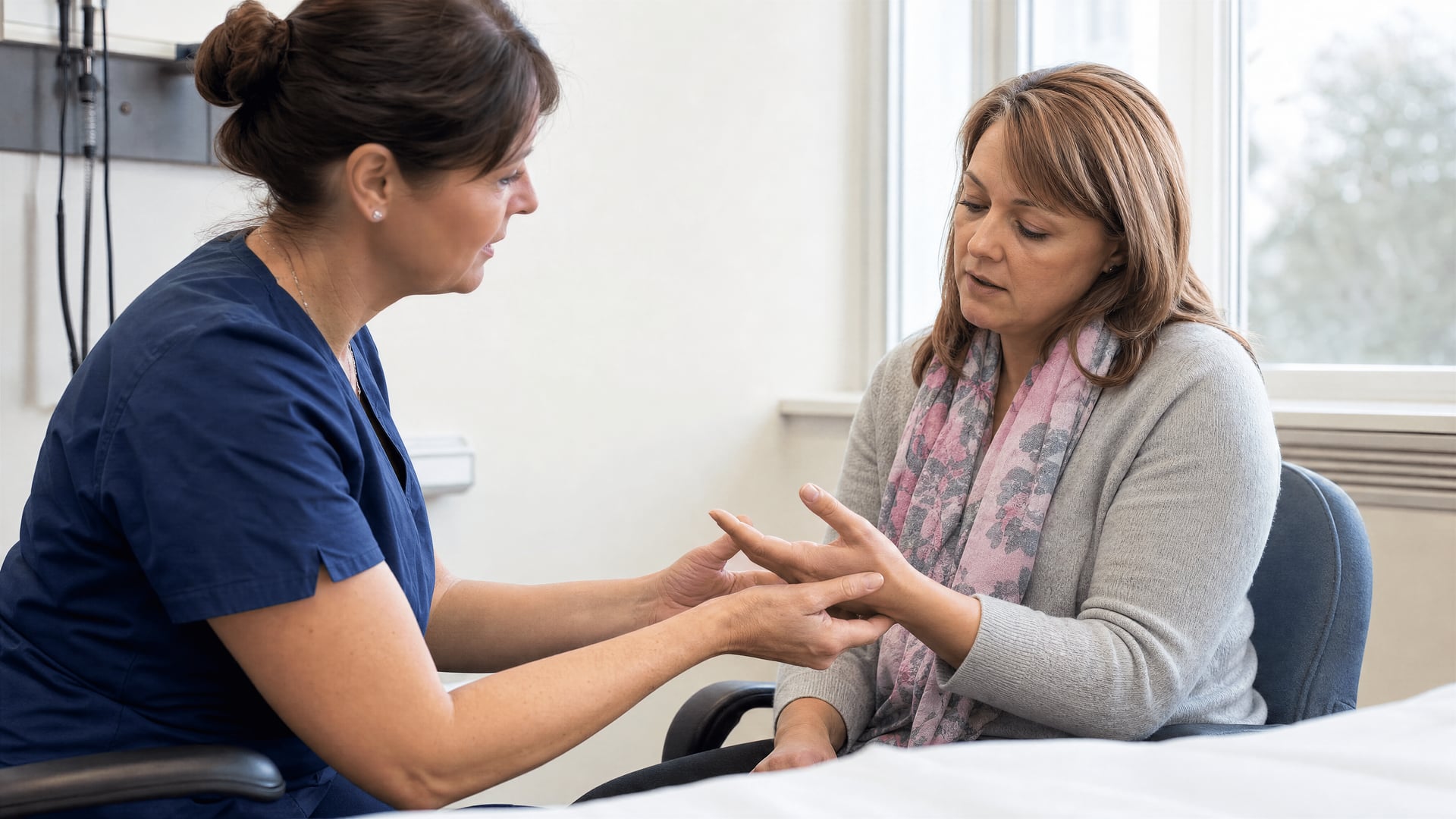Skotský onkolog probírá s dospělým pacientem periferní neuropatii vyvolanou chemoterapií