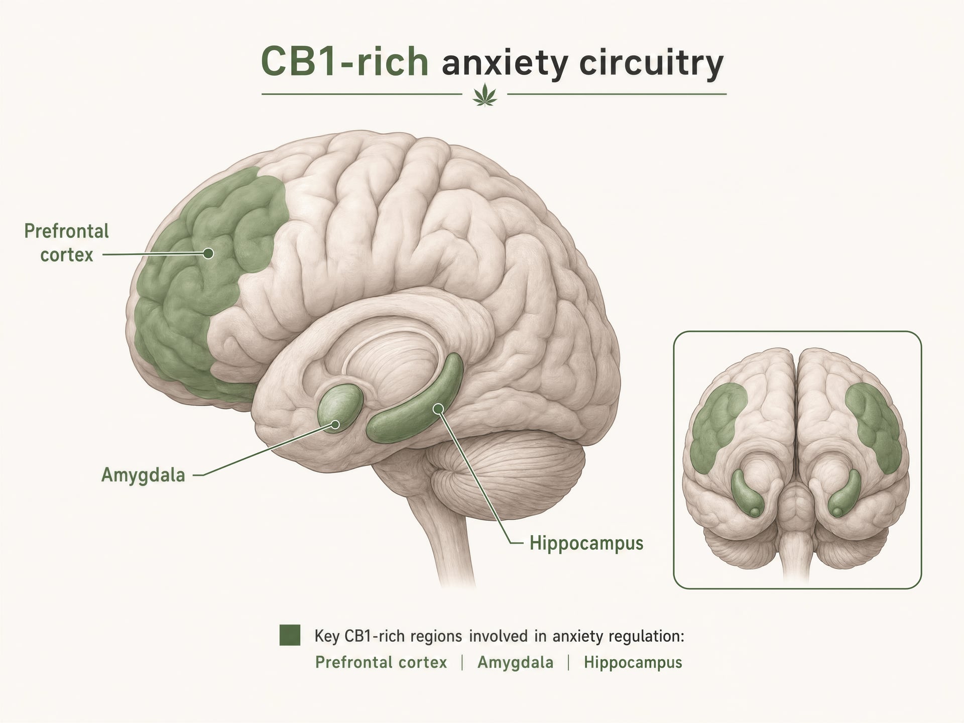 Brain diagram highlighting the amygdala, hippocampus, and prefrontal cortex.
