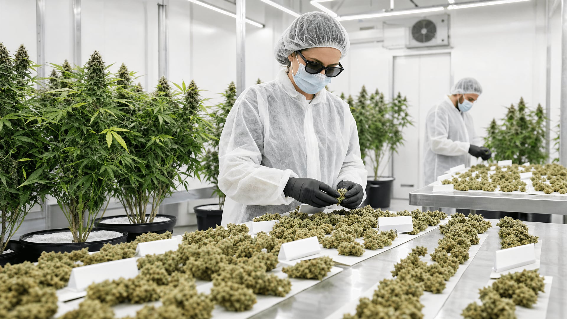 一家欧盟持牌设施内的室内医用大麻种植室，带标签批次和不锈钢台面