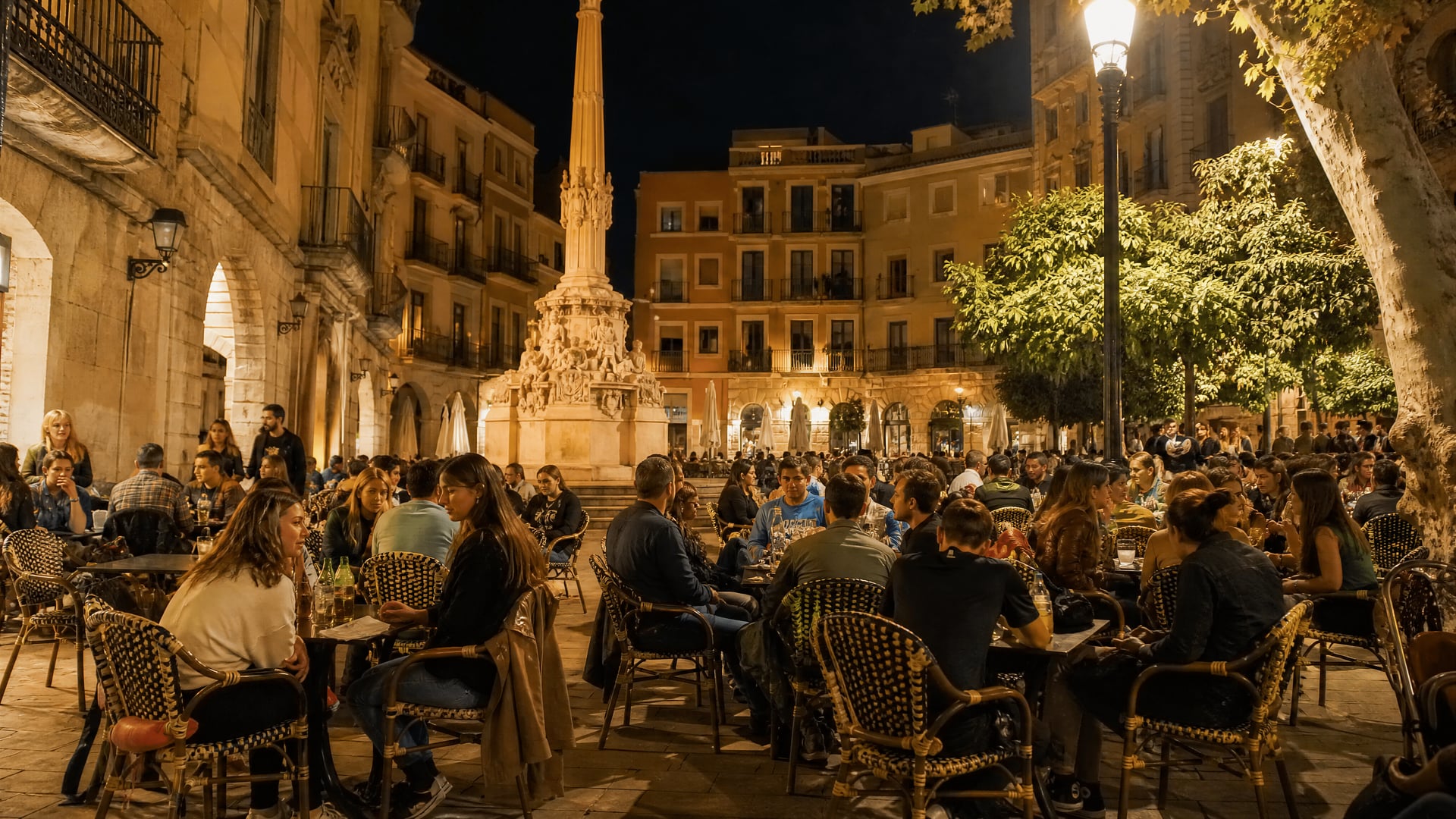 Plaza de Tarragona de noche con locales, luces y contexto de club social de cannabis