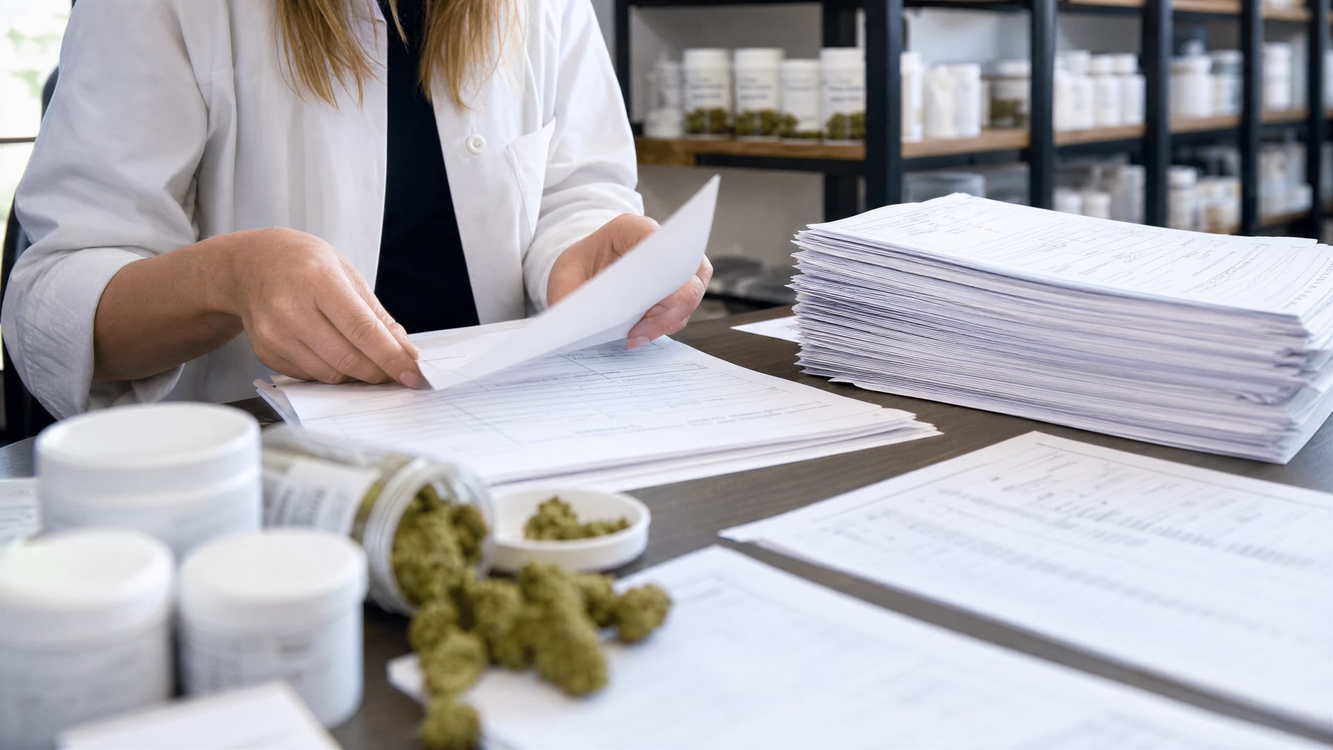 Ein Schreibtisch in einer britischen Cannabis-Clinic mit Patientenformularen, Ordnern und Apothekenunterlagen.