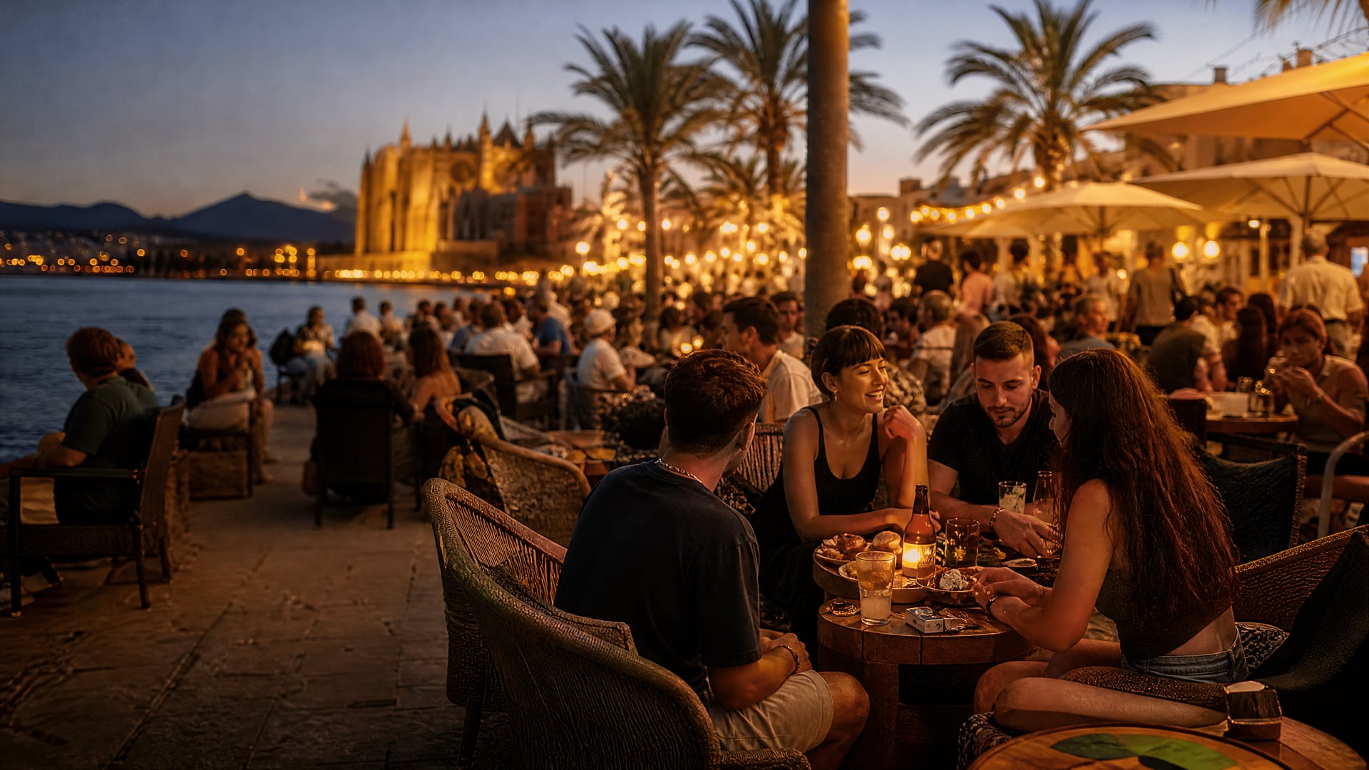 Večer na terase v Palmě de Mallorca vedle místního nočního života a kultury konopných klubů