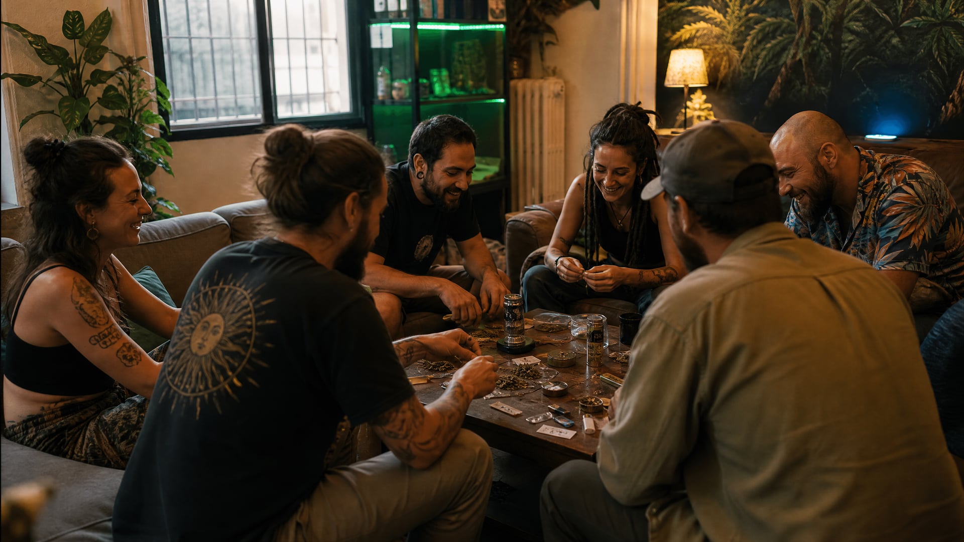 Salón privado de un club social de cannabis de Tarragona con socios compartiendo una mesa baja