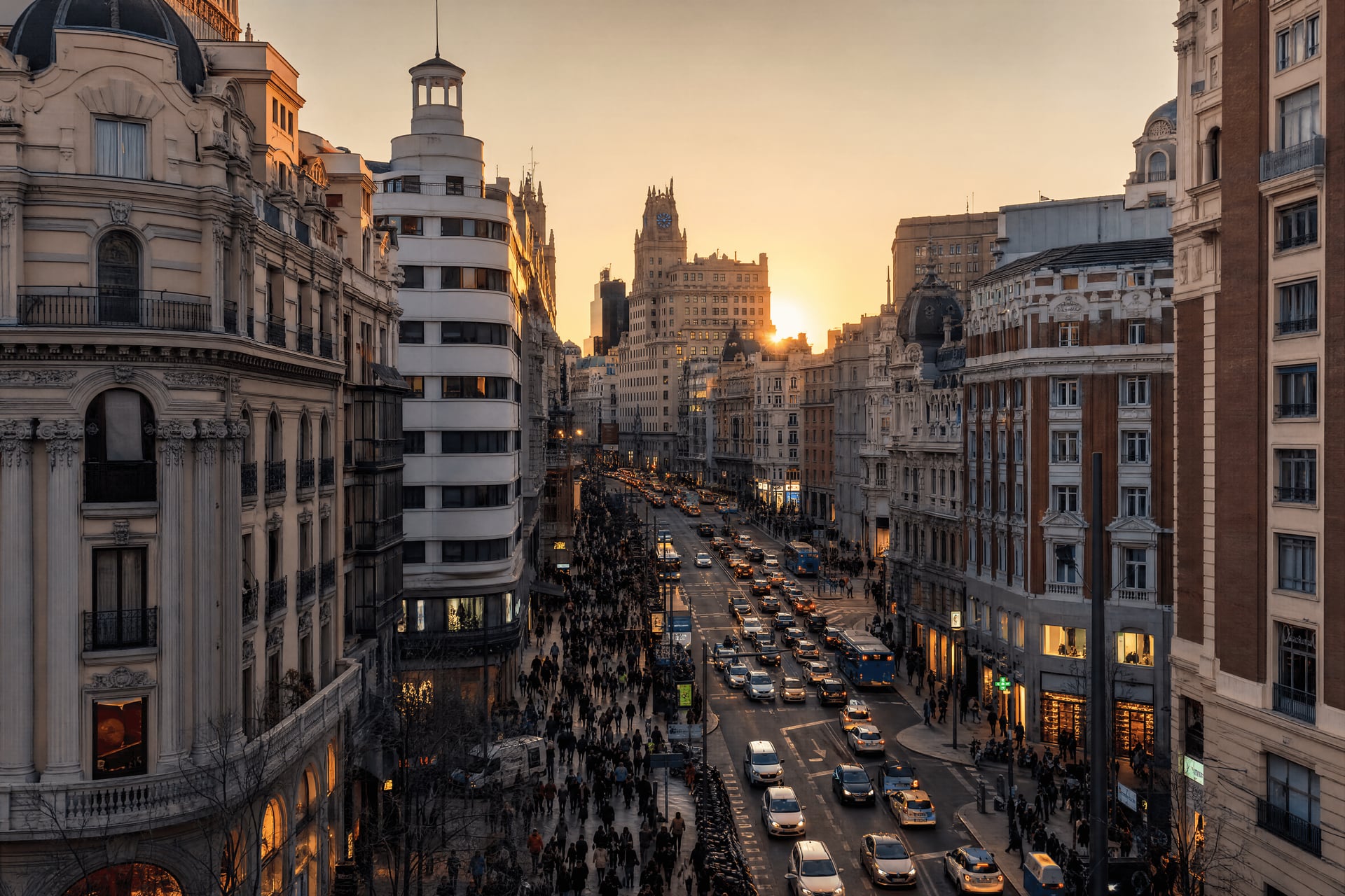 Gran Vía at dusk, Madrid city scene near cannabis social club neighborhoods