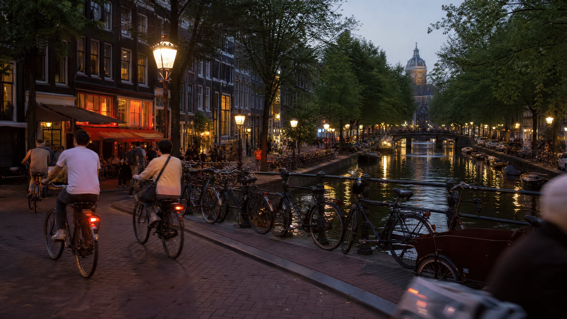 Canal-side Netherlands evening with bike traffic and cannabis social club neighborhoods