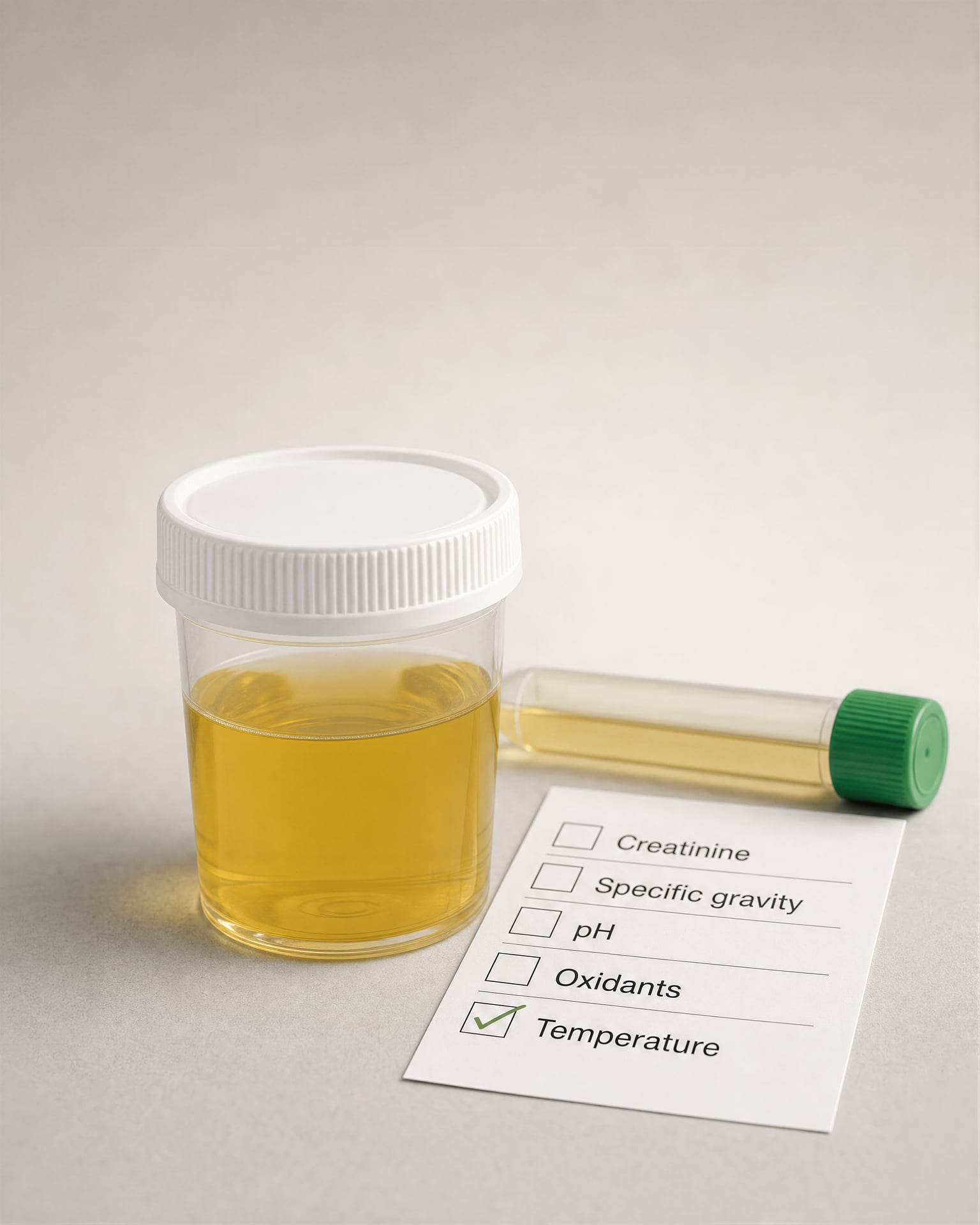 Urine specimen cup next to a checklist of specimen validity measures