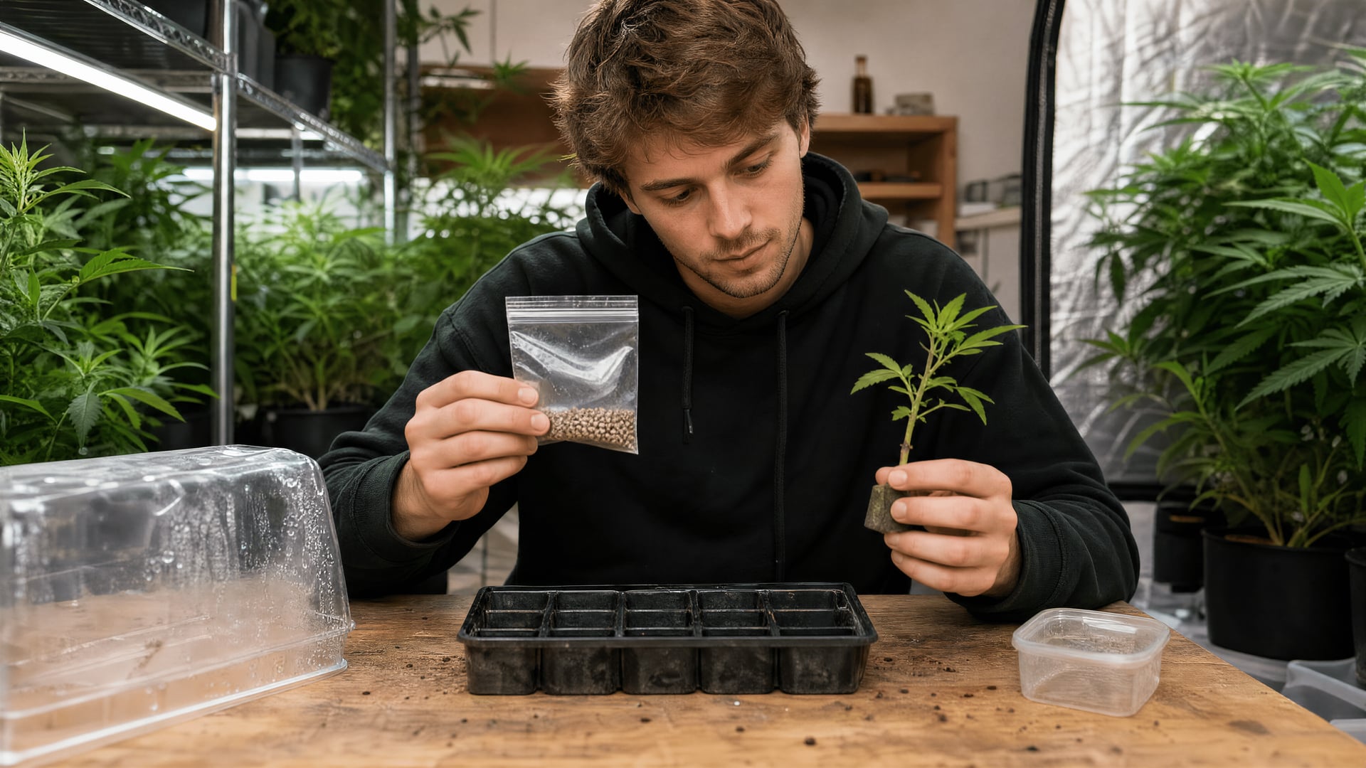 A beginner comparing cannabis seeds and cuttings at a small indoor grow setup