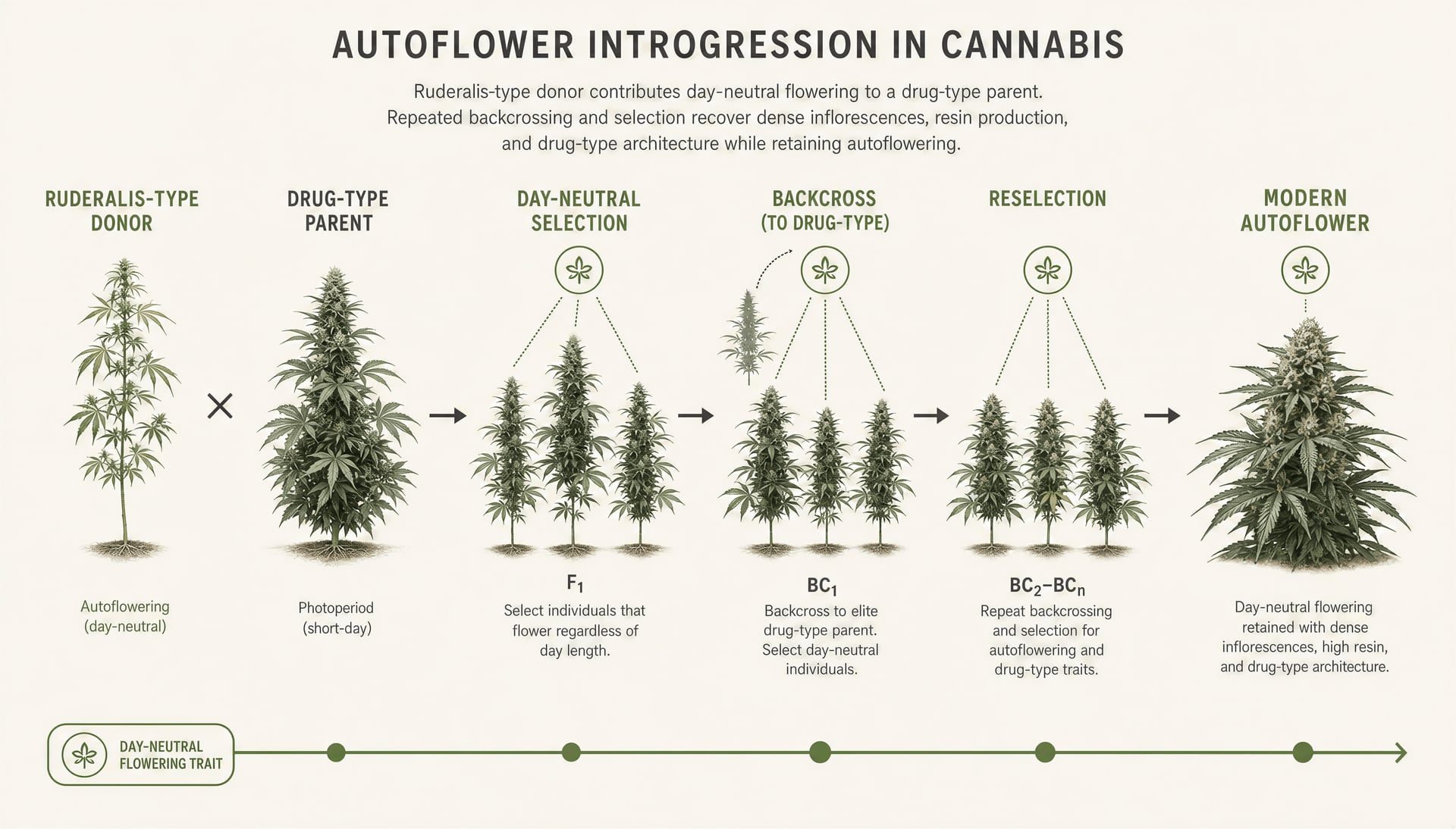 Schematic showing autoflower introgression into drug-type cannabis through repeated crossing and selection