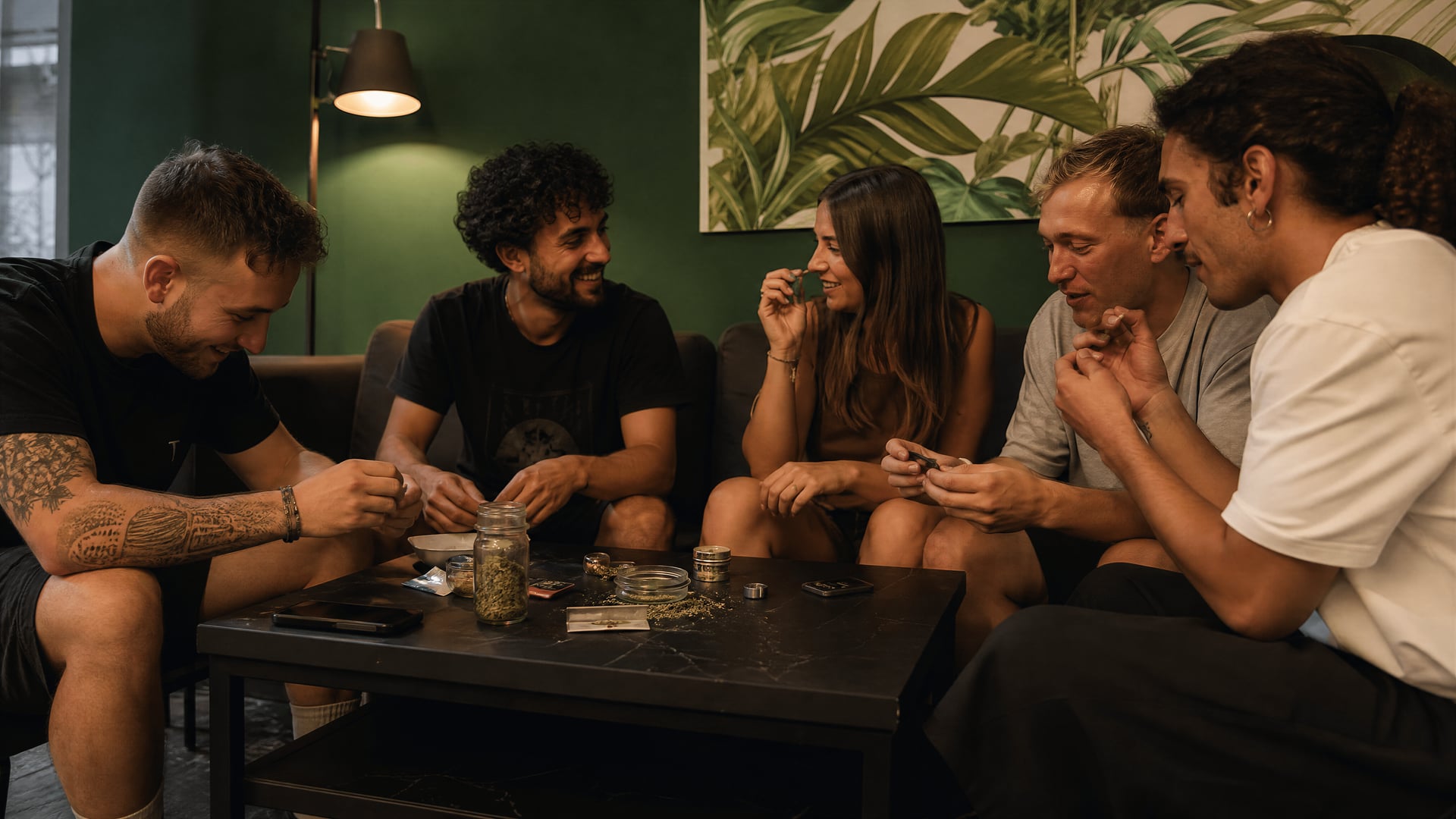 Evening El Arenal promenade with nightlife context and cannabis social club scene