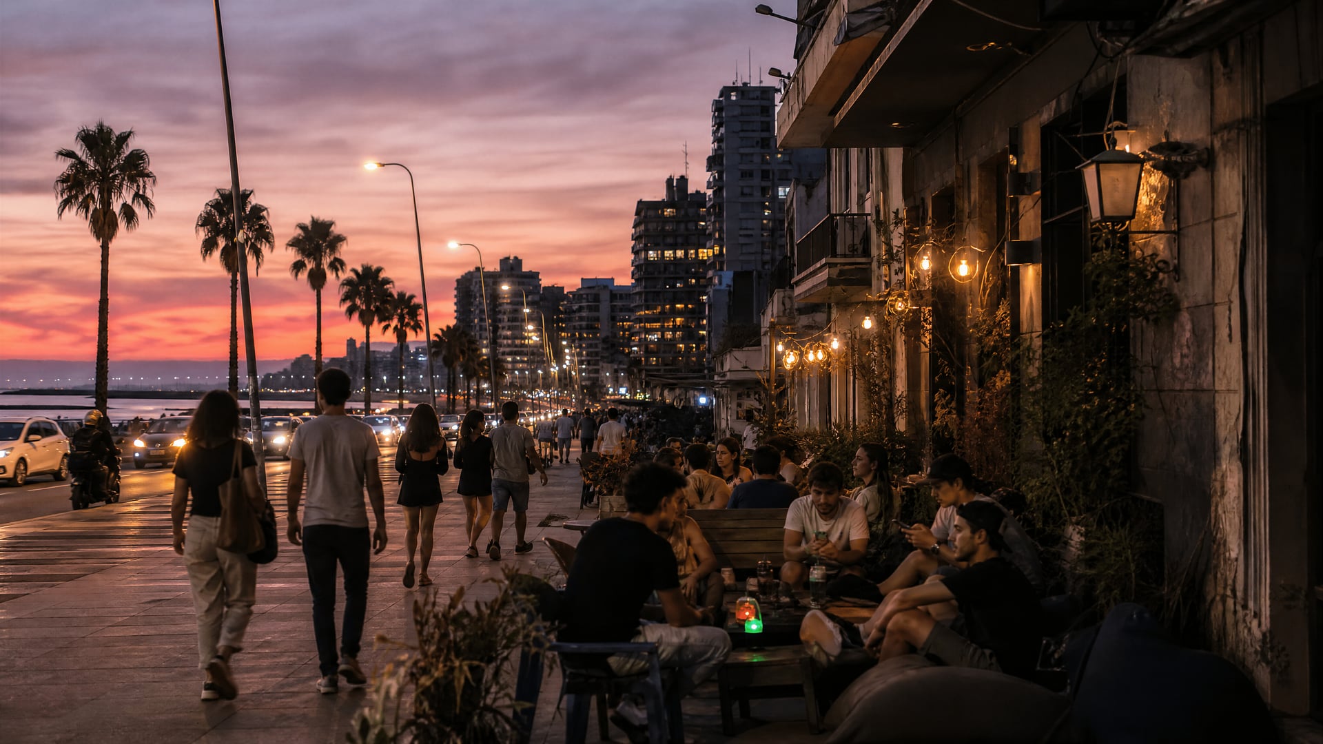 Evening Montevideo avenue with nightlife, pedestrians, and local cannabis club atmosphere