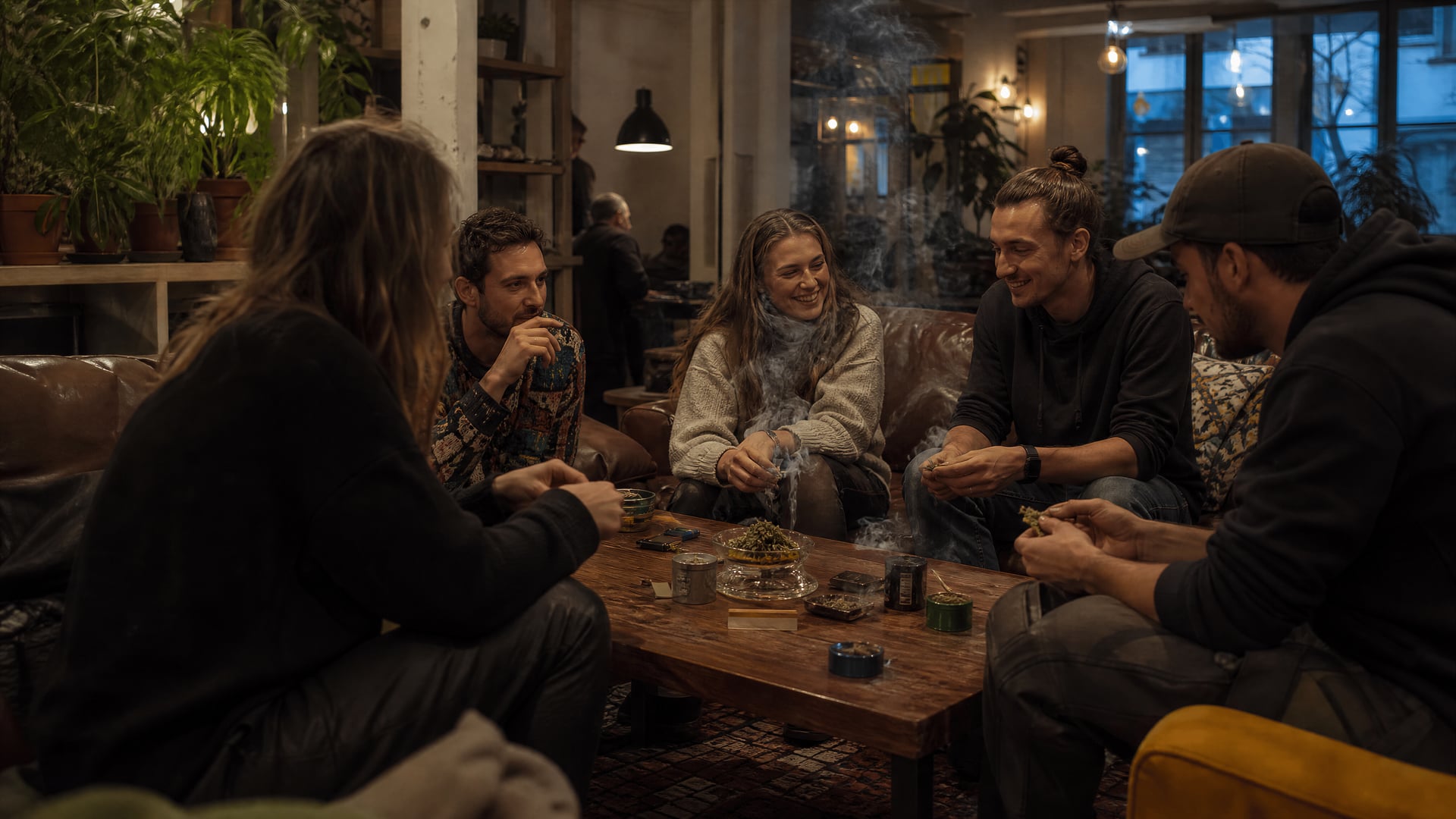 Evening street in Switzerland with cannabis social club context and pedestrians