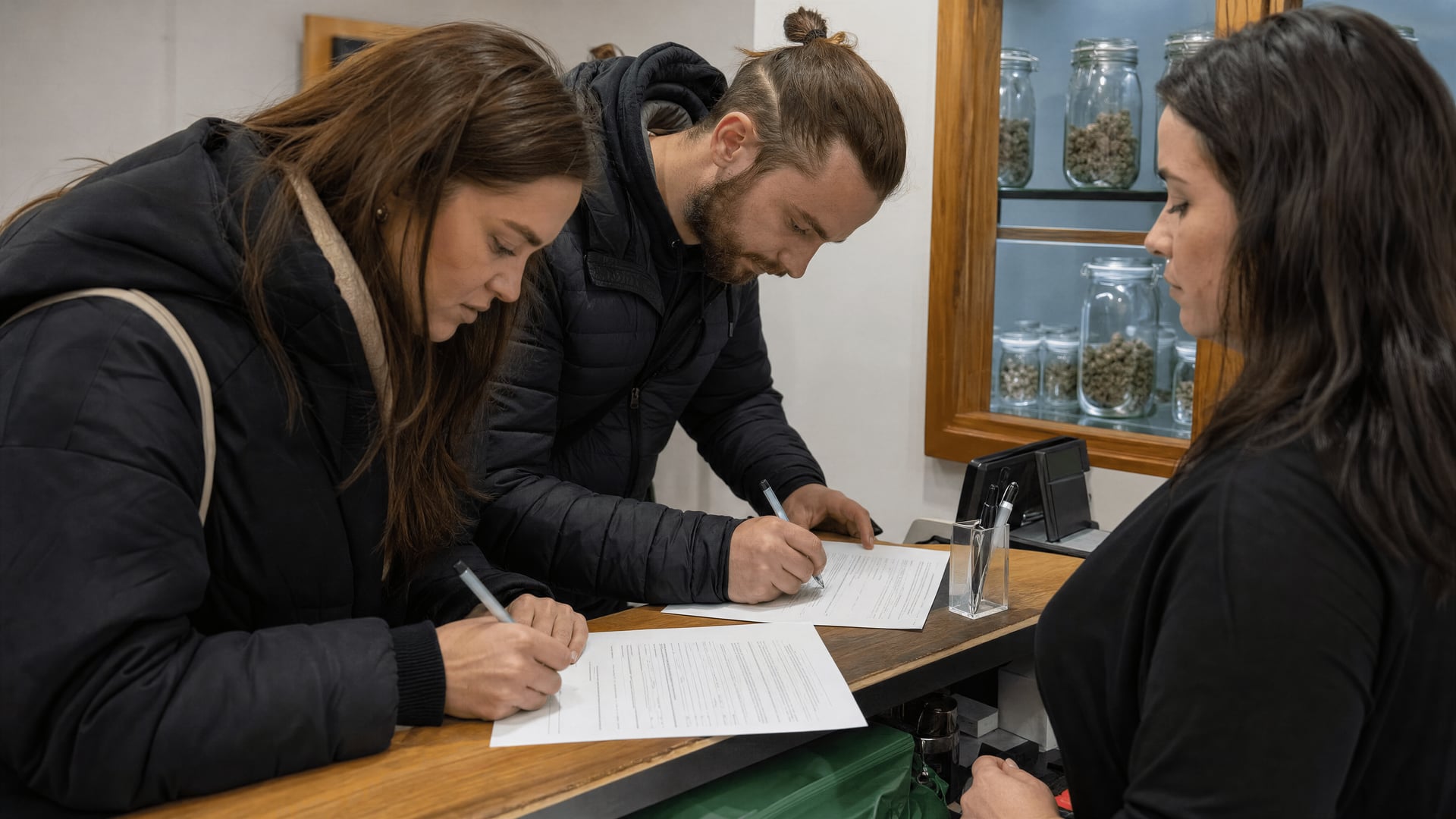 在大麻社群俱乐部接待台填写表格的会员