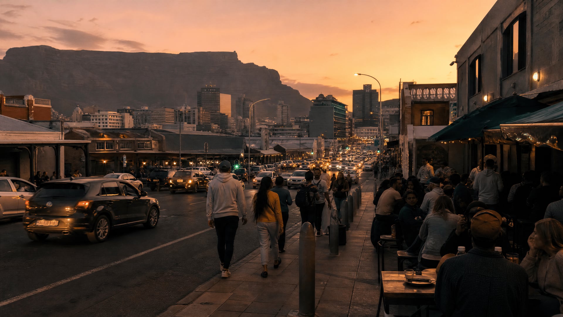 South Africa inner-city street near cannabis social club districts at dusk