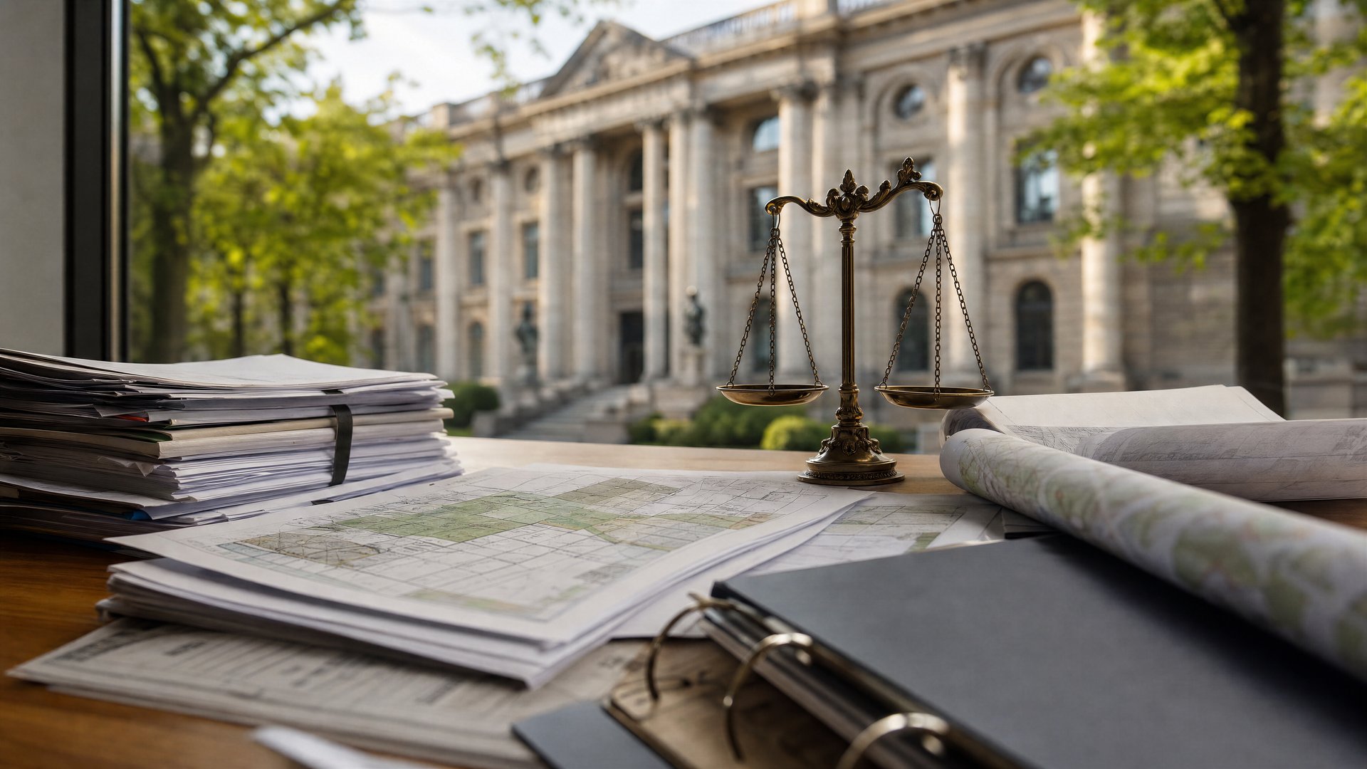 Editorial illustration of a courthouse, planning papers and legal files representing a cannabis club building-law case.