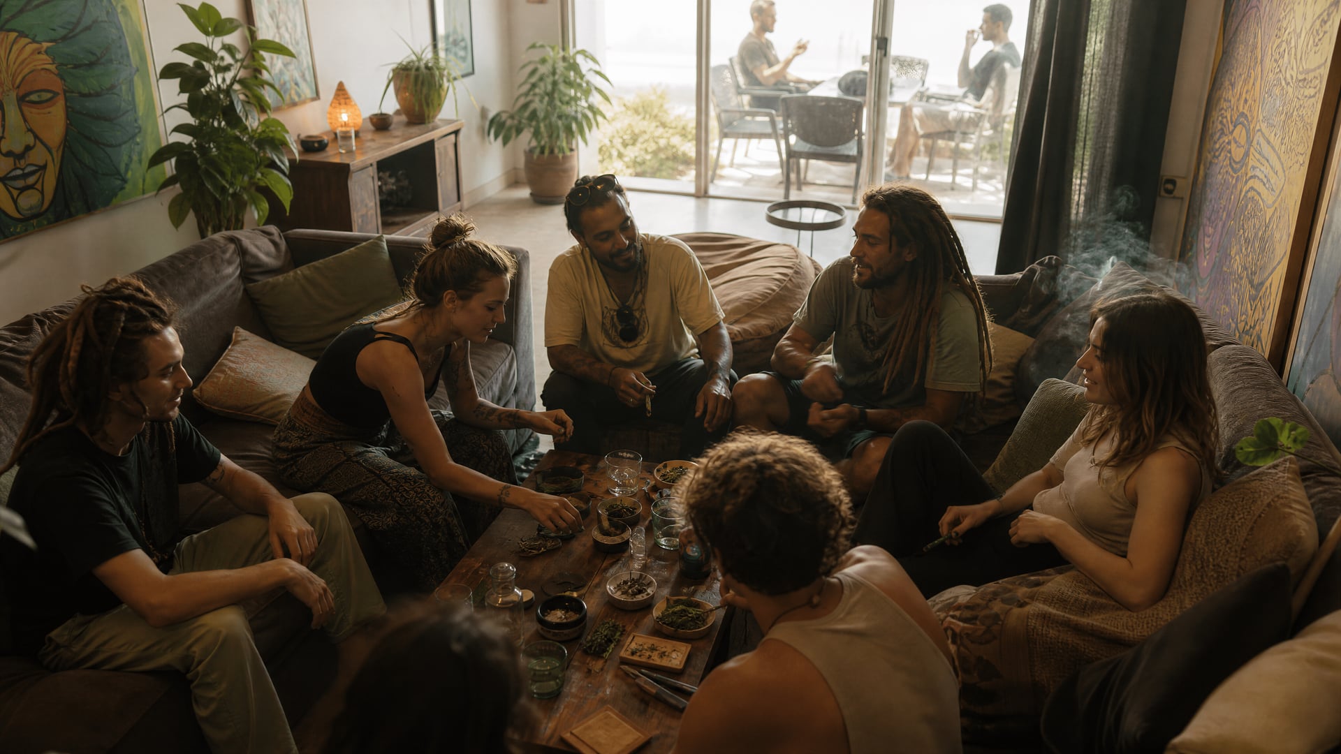 フエルテベントゥーラの会員専用ラウンジ。ソファ、低いテーブル、大麻ソーシャルクラブらしい雰囲気。