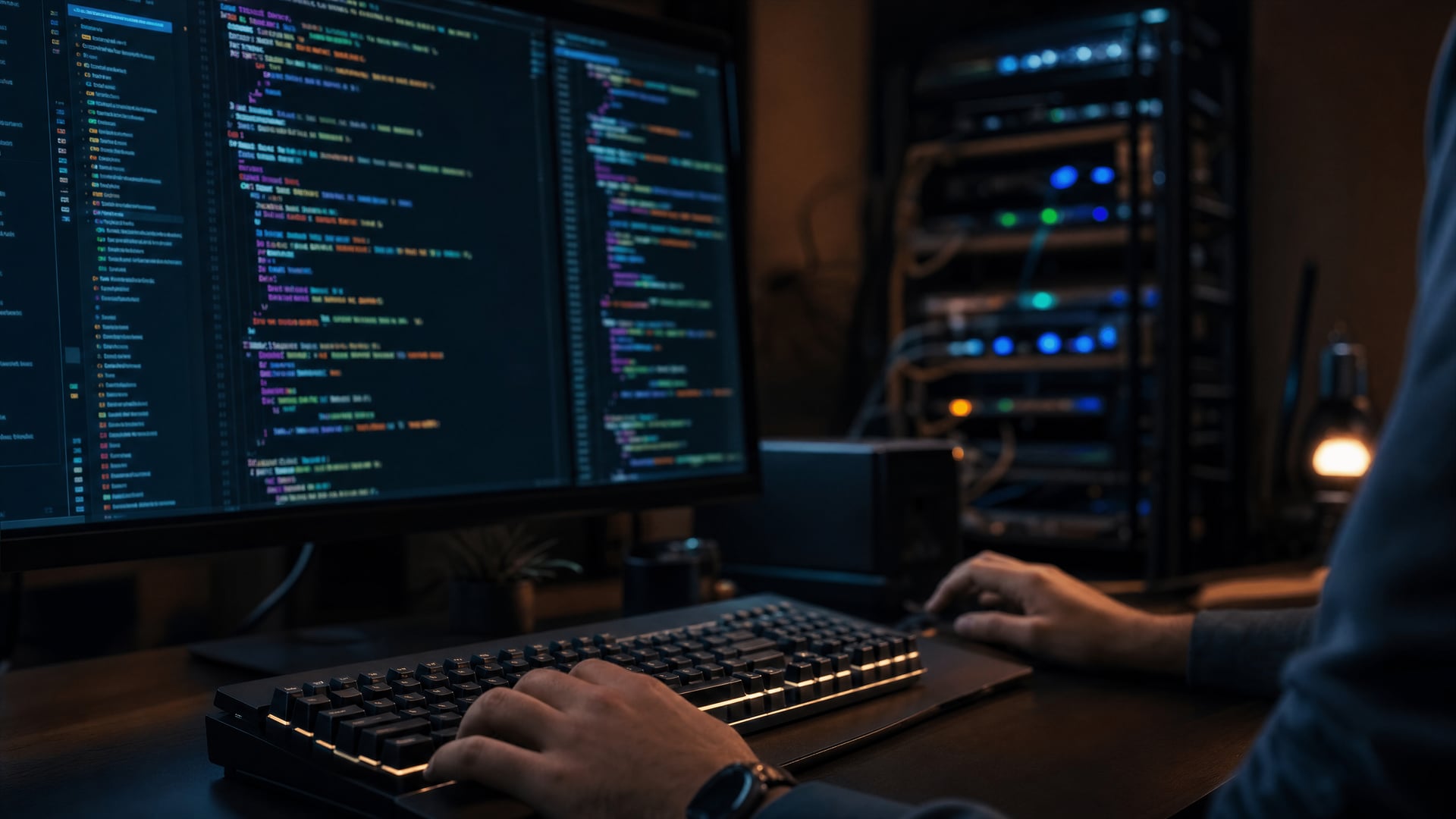 A close detailed view of a developer workstation with code on a dark screen and a small rack of networking hardware glowing softly.