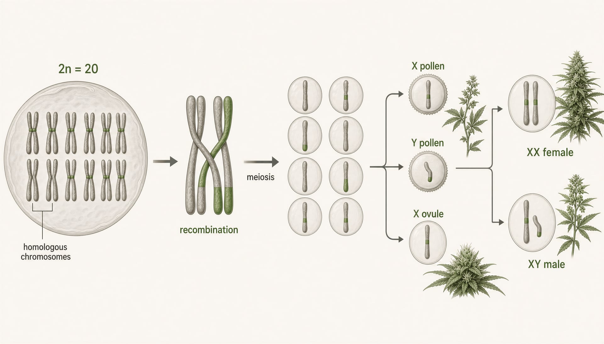 Diagram of cannabis chromosome pairs, recombination, and XX/XY sex determination