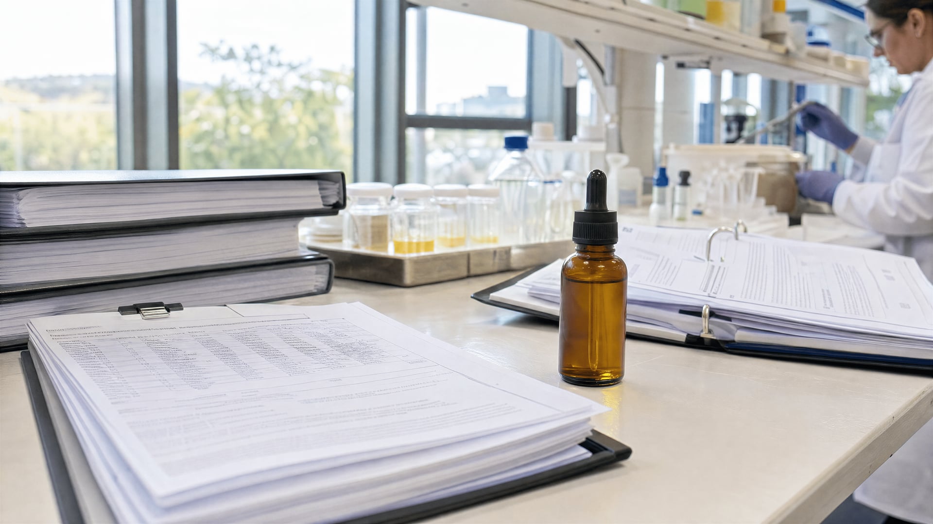 Clinical trial documents and a CBD medicine bottle on a laboratory counter