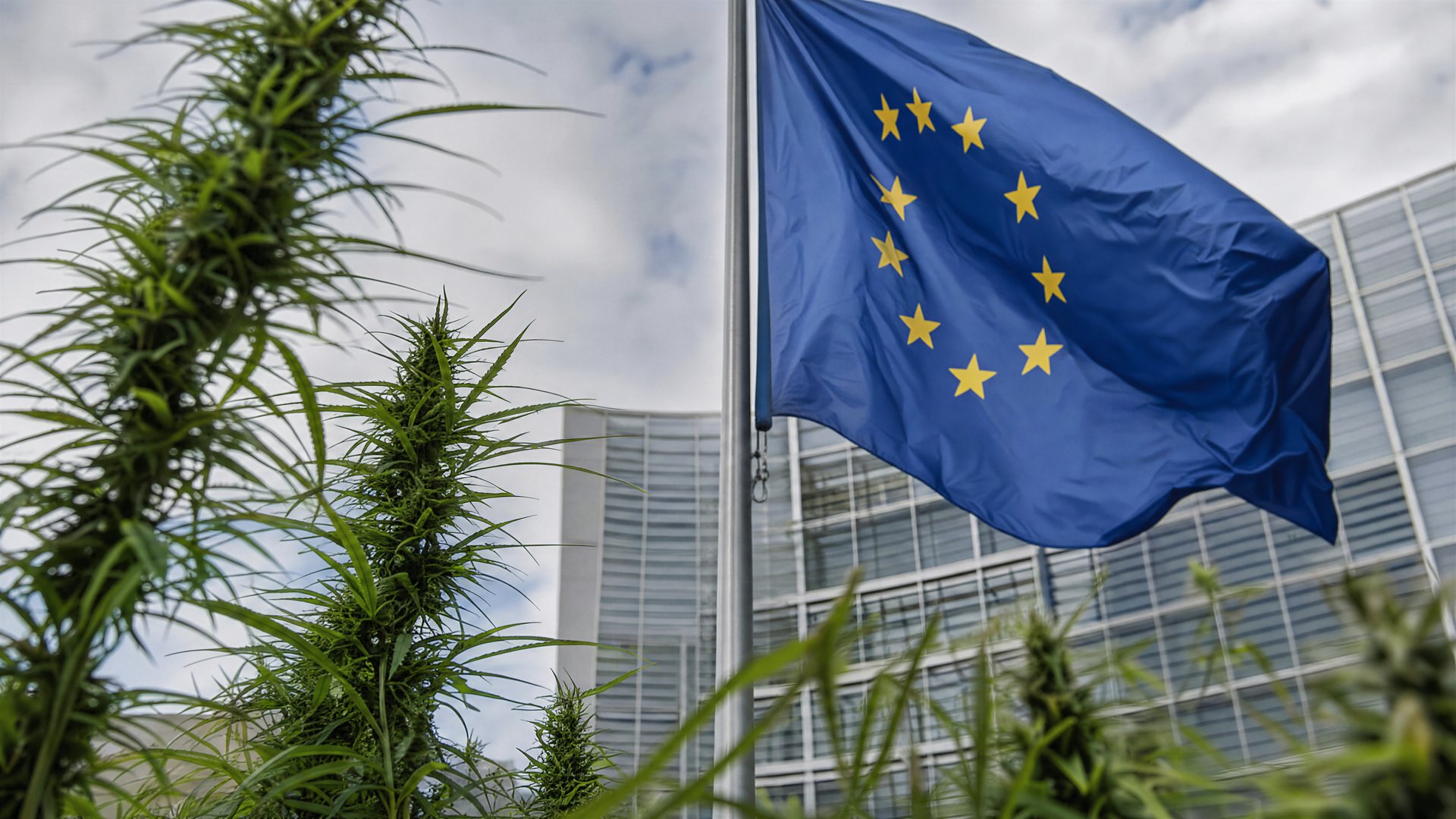 Absztrakt brüsszeli politikai épület Európa térképével és jogi dokumentumokkal