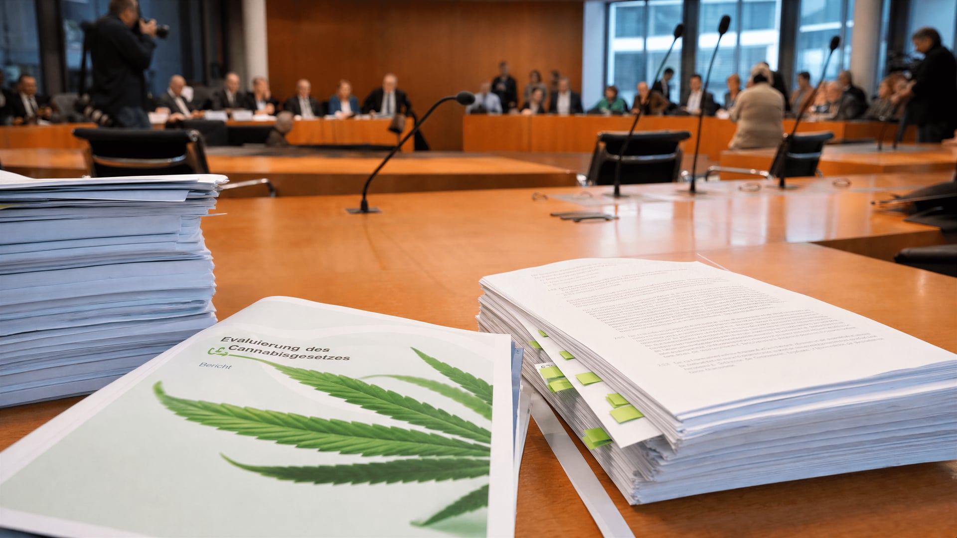 Bundestag committee room with papers on the Cannabis Act evaluation and microphones on the table.