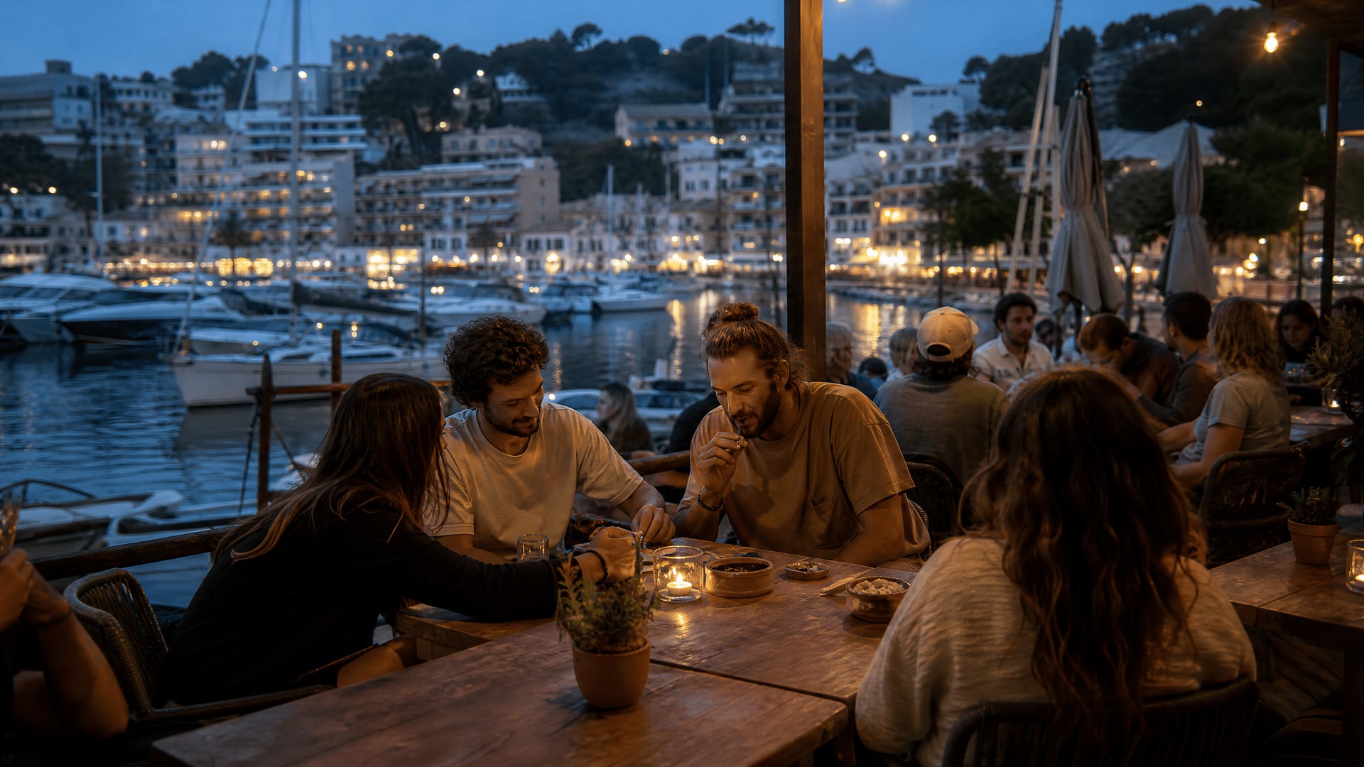 Mesas do porto de Port de Sóller ao cair da noite com atmosfera local de clube social de canábis