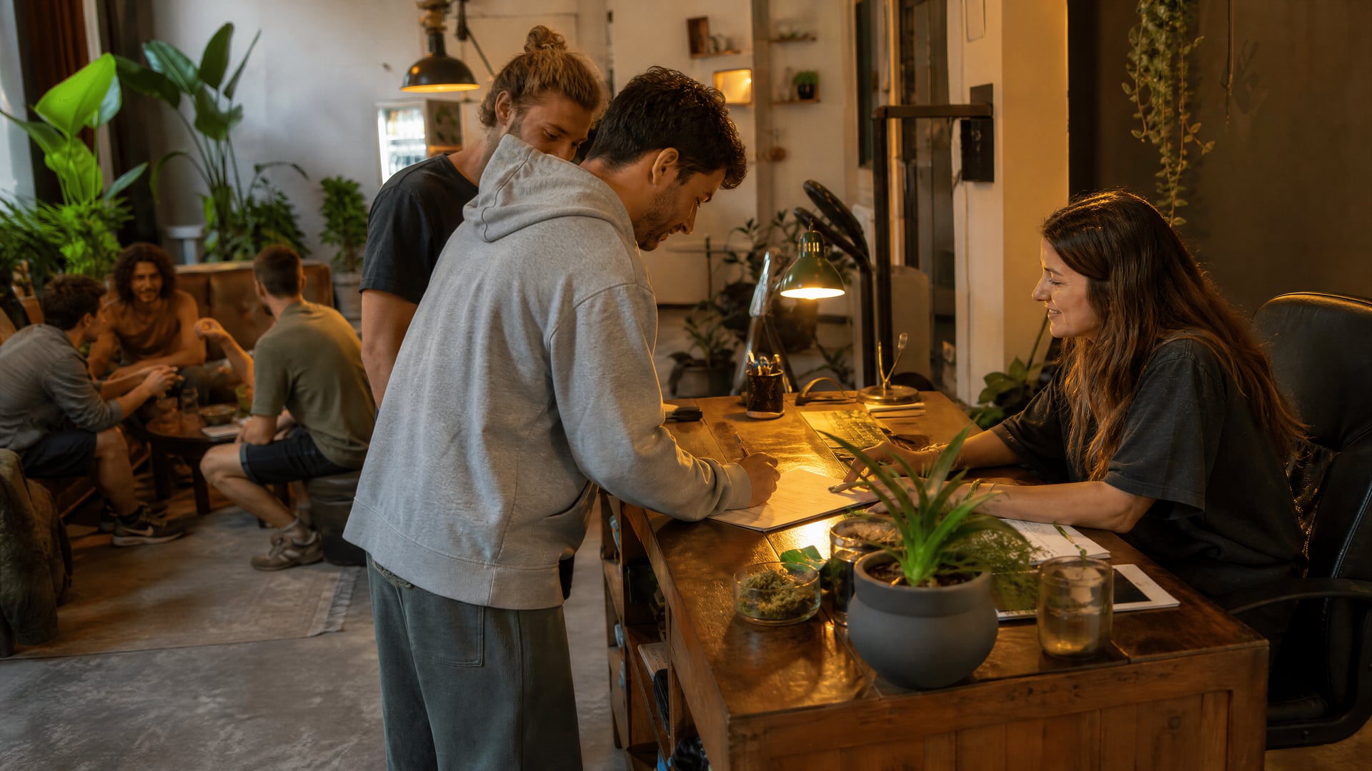 Son Servera cannabis club reception with members signing in quietly