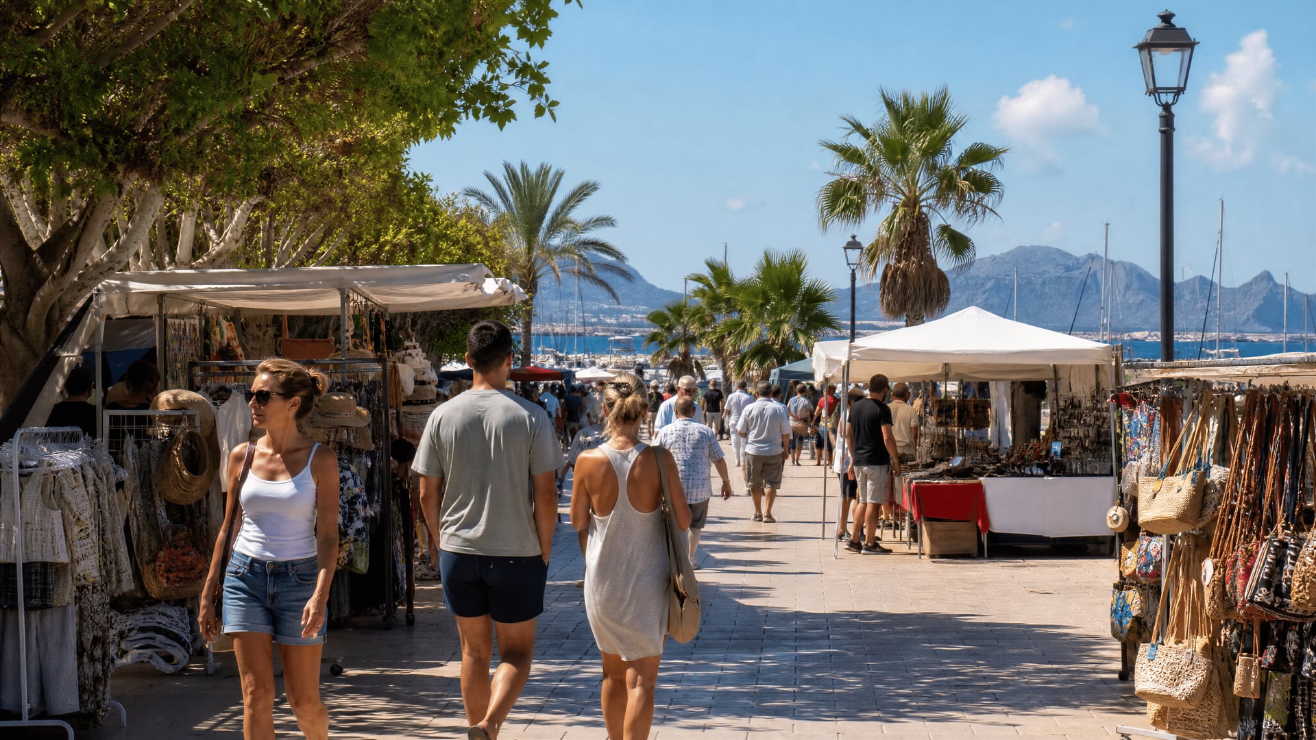 Open-air market scene near Playa de Alcúdia and local club culture context