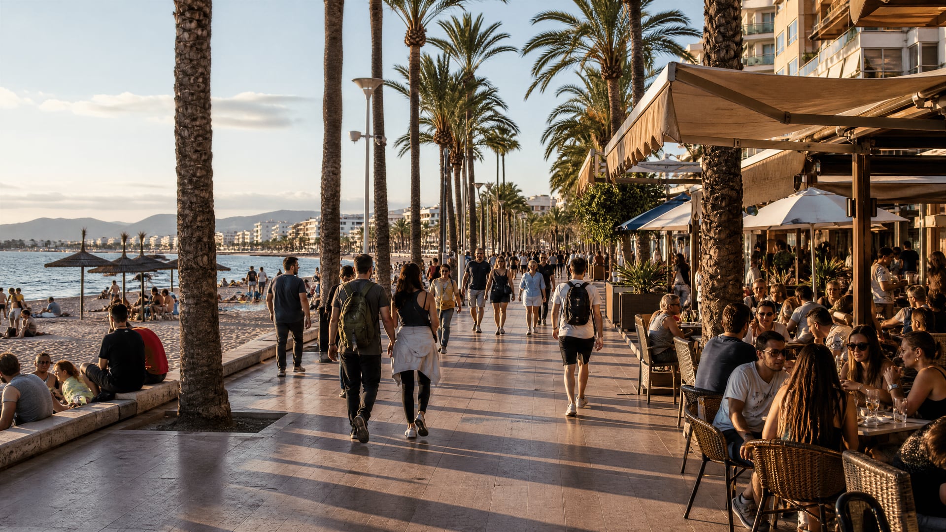 Playa de Palma boyunca akşam gezinti yolu; yerel yürüyüşçüler ve bisikletliler