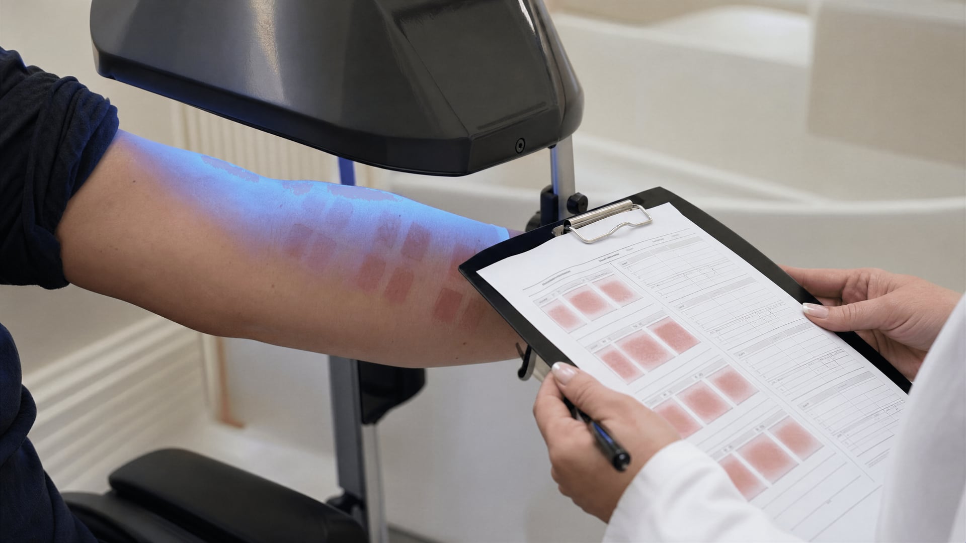 Dermatology clinic setting with ultraviolet test equipment and skin assessment paperwork.