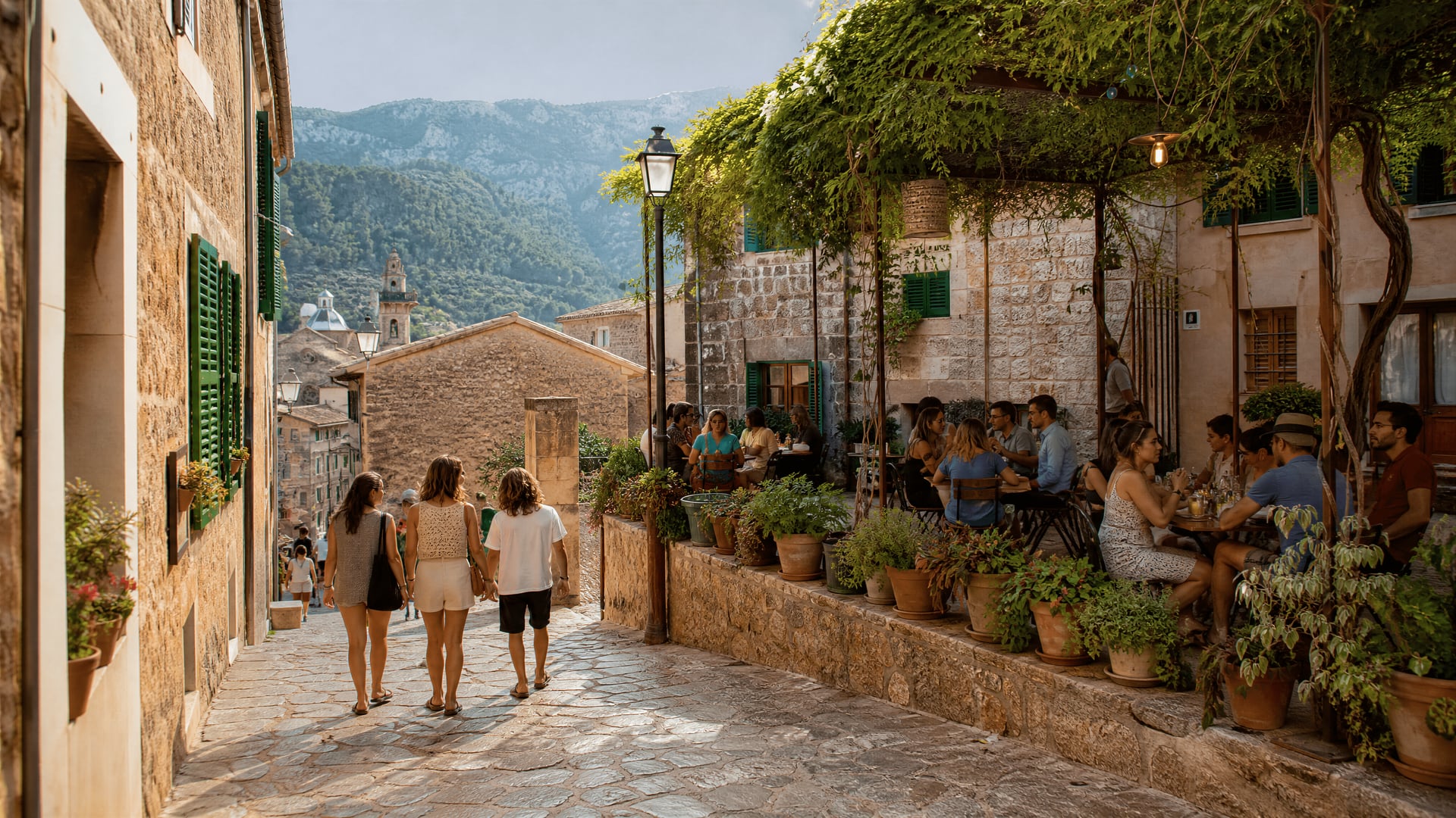Ruelles de la vieille ville de Valldemossa avec contexte de club social de cannabis et vie locale
