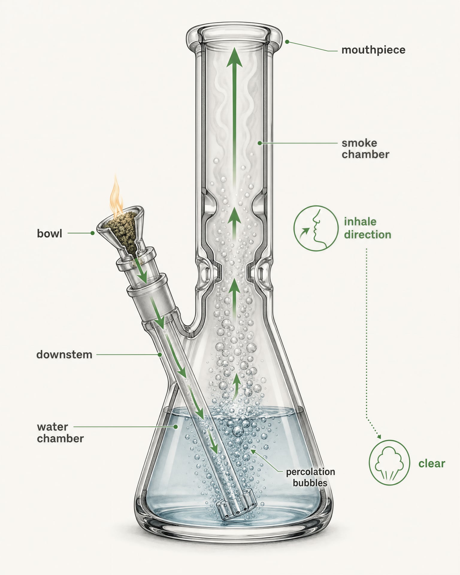 Cross-section schematic of a bong showing smoke moving through the downstem, water, and chamber