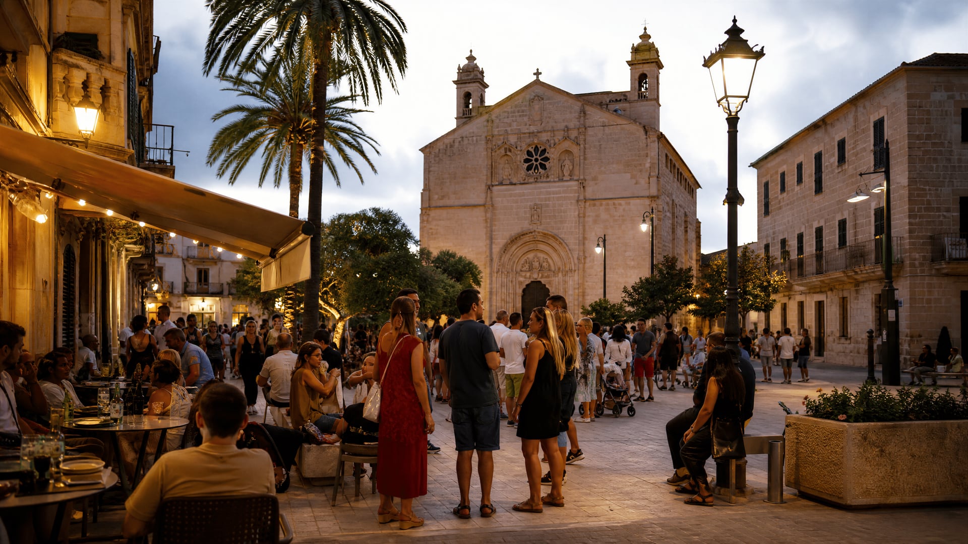 Historic Llucmajor square with cannabis social club context and local evening life