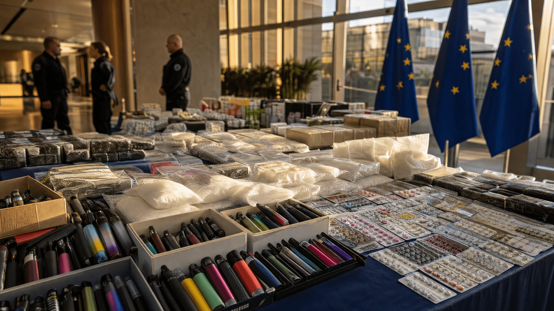 EU customs evidence table with seized vape devices, blister packs and cocaine sample bags