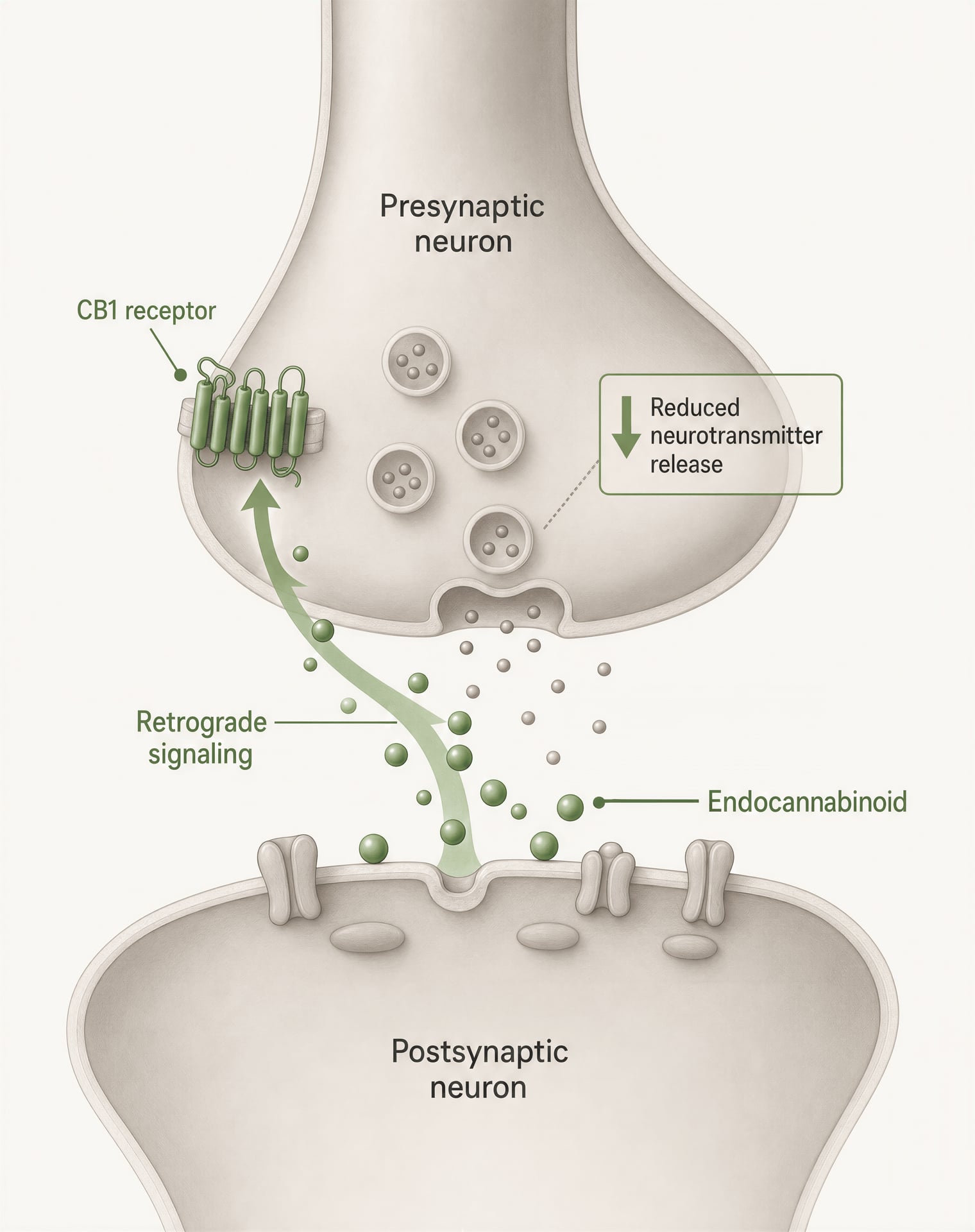 Diagram of retrograde signaling at a synapse, with endocannabinoids moving back to CB1 receptors.