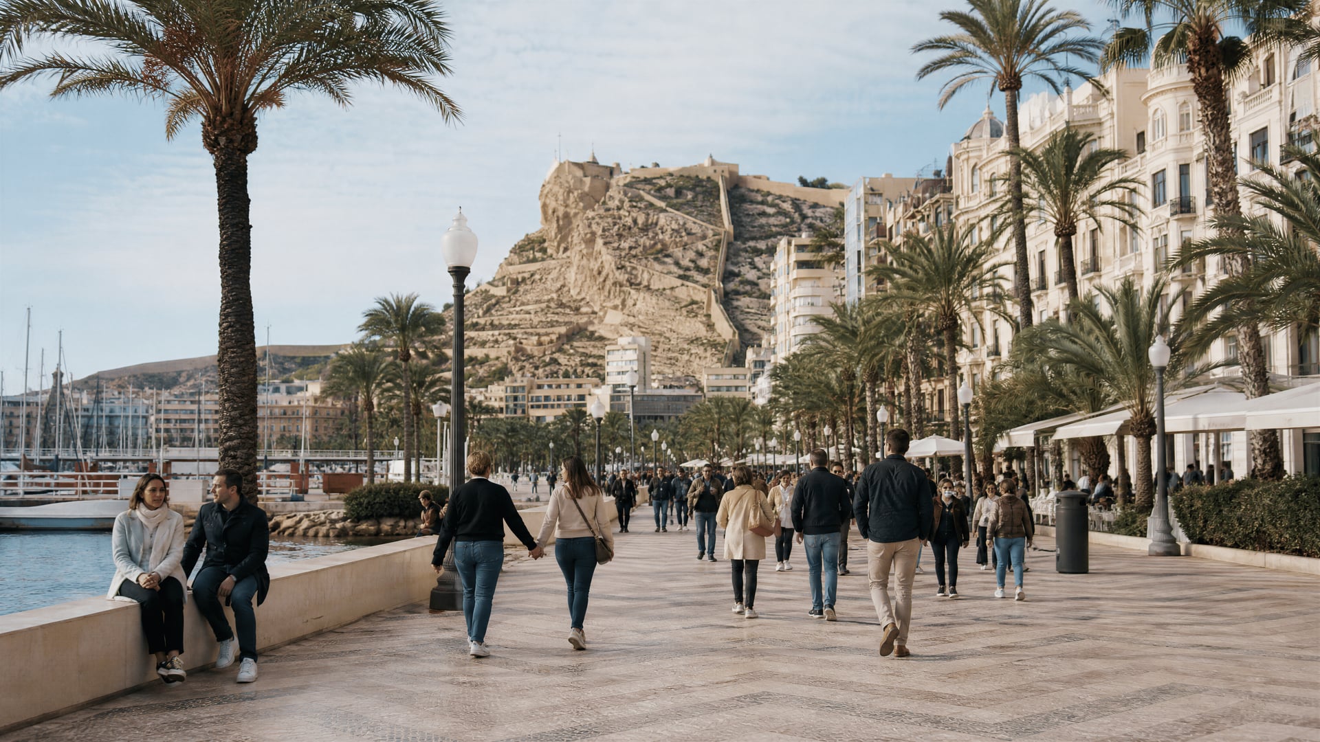 Alicante waterfront stroll with locals near the cannabis social club scene
