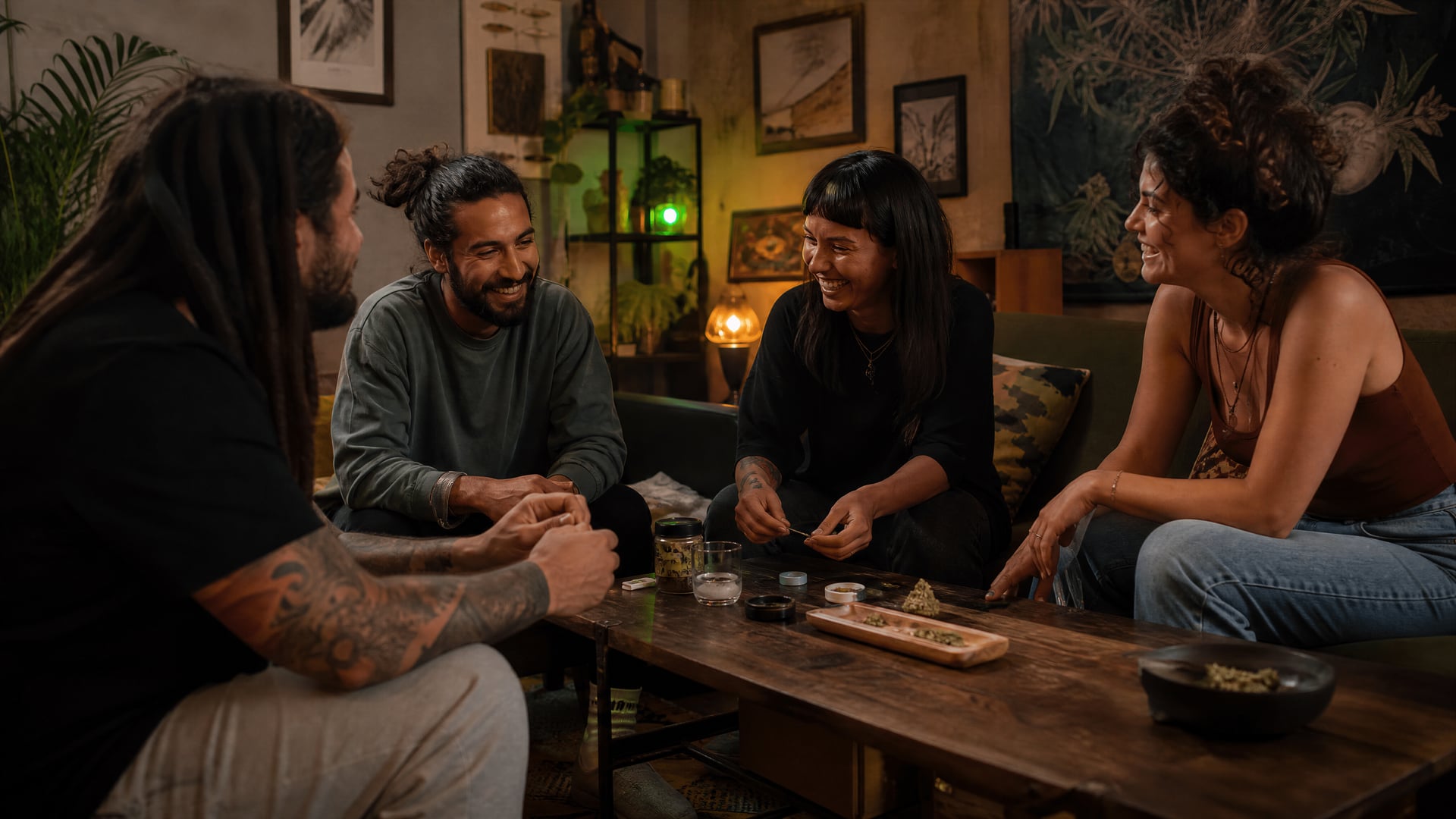 Miembros conversando en el salón de un club social de cannabis de Cambrils con iluminación suave