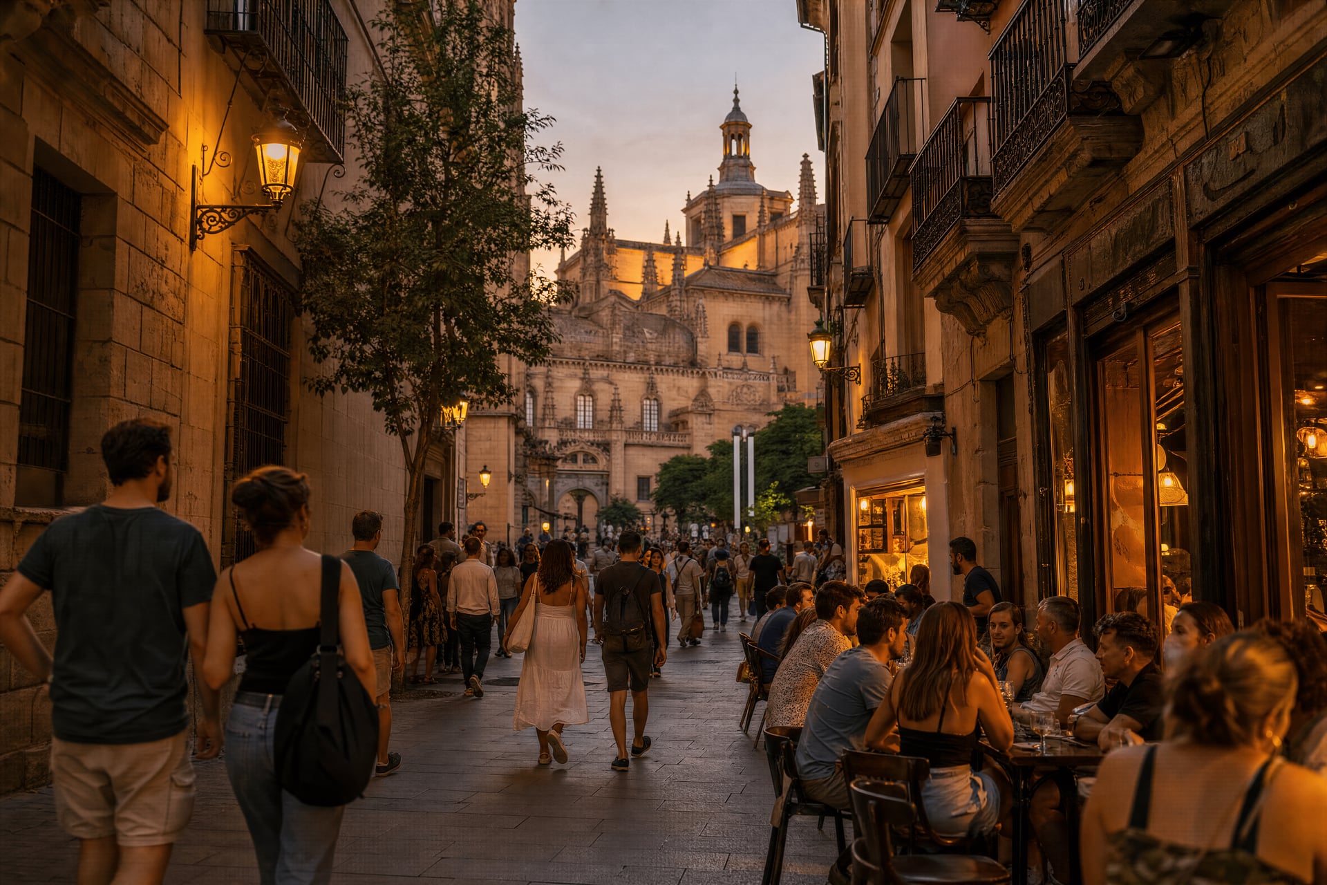 Bustling Spain street at dusk near cannabis social club culture and daily city life