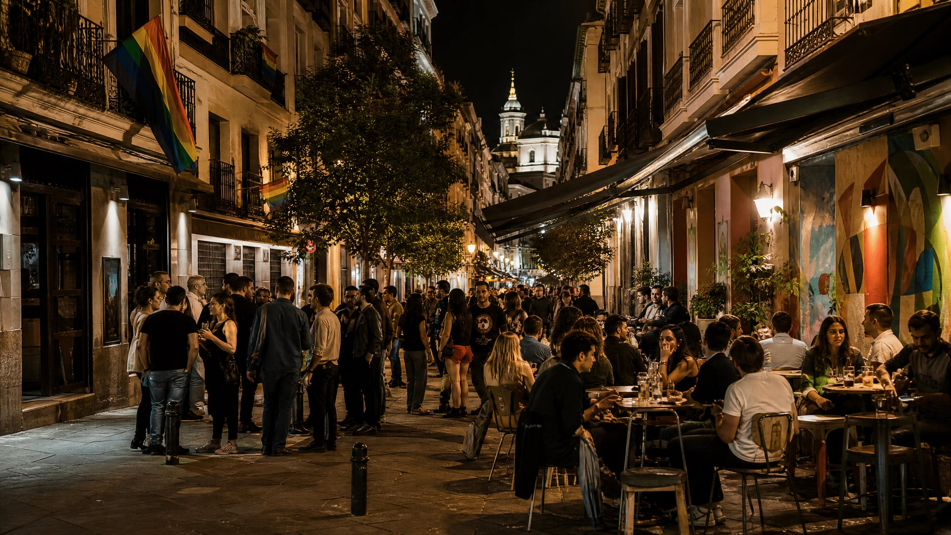 Chueca night streets in Madrid with lively local cannabis social club context