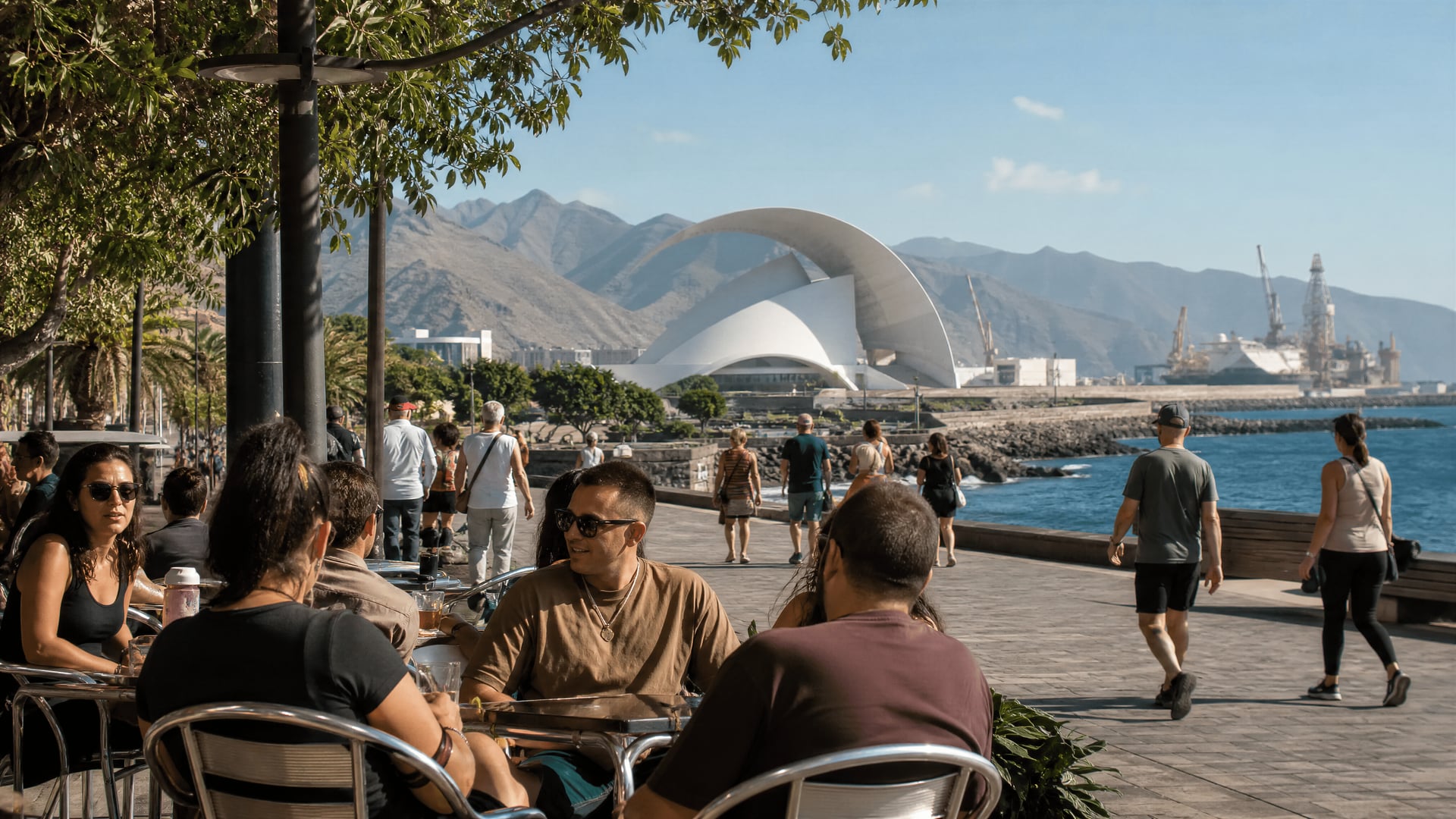 Santa Cruz de Tenerife waterfront with locals and cannabis club culture context