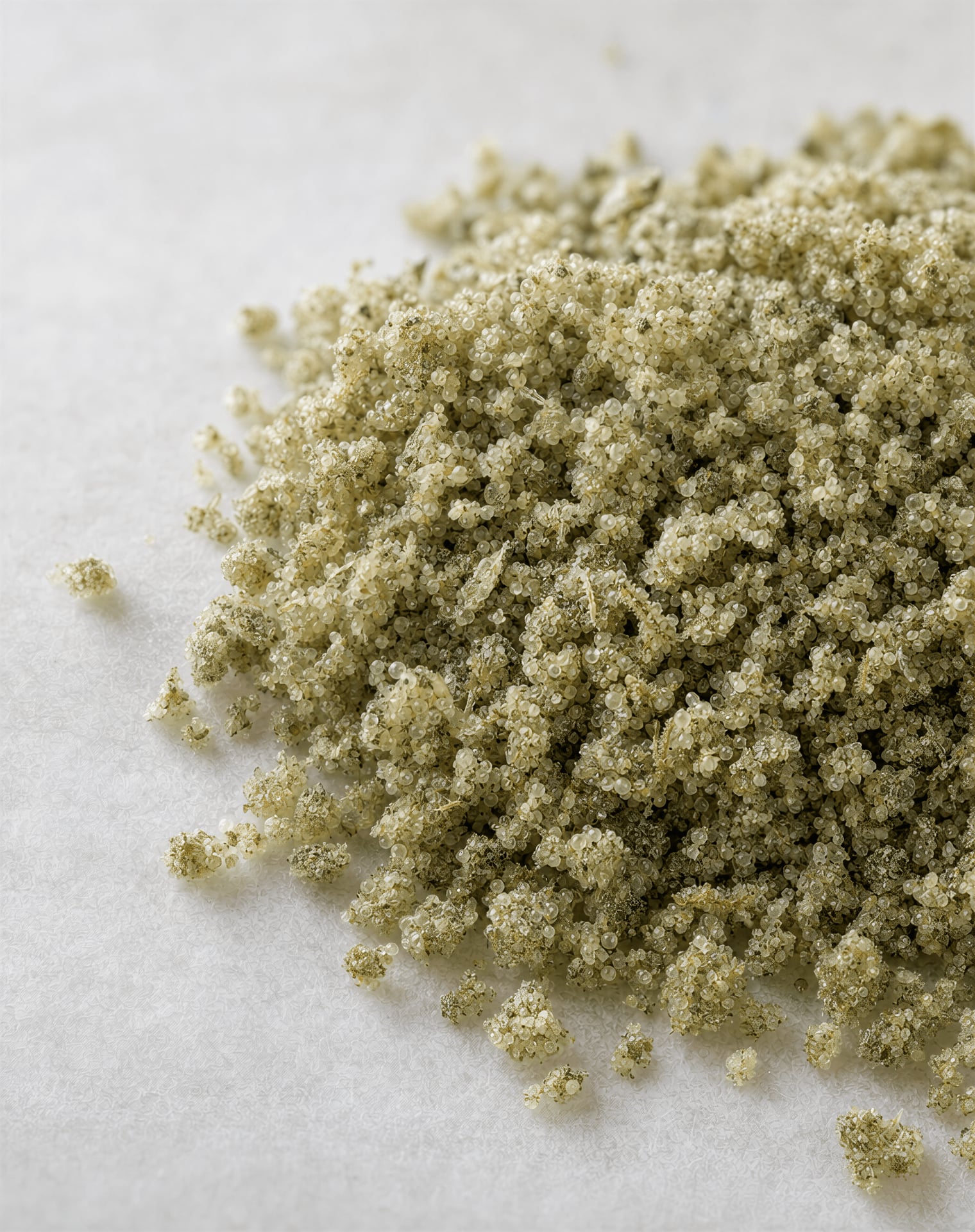 Macro view of freeze-dried bubble hash with visible trichome heads