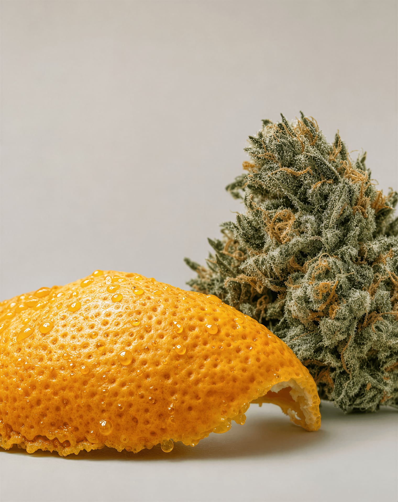 Close view of orange rind with oil droplets next to a cannabis flower