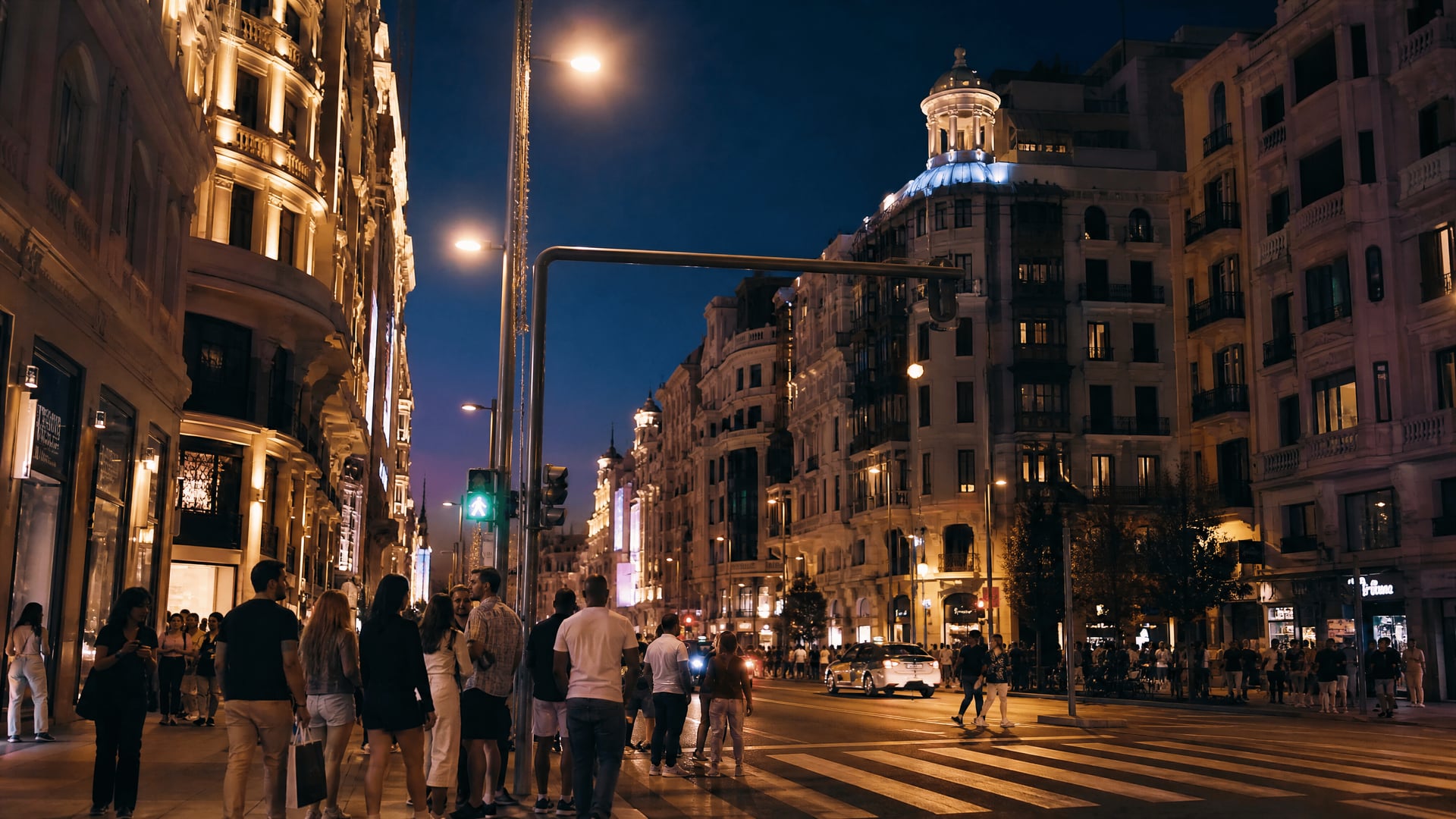 Gran Vía evening streetscape in Madrid around cannabis social club districts